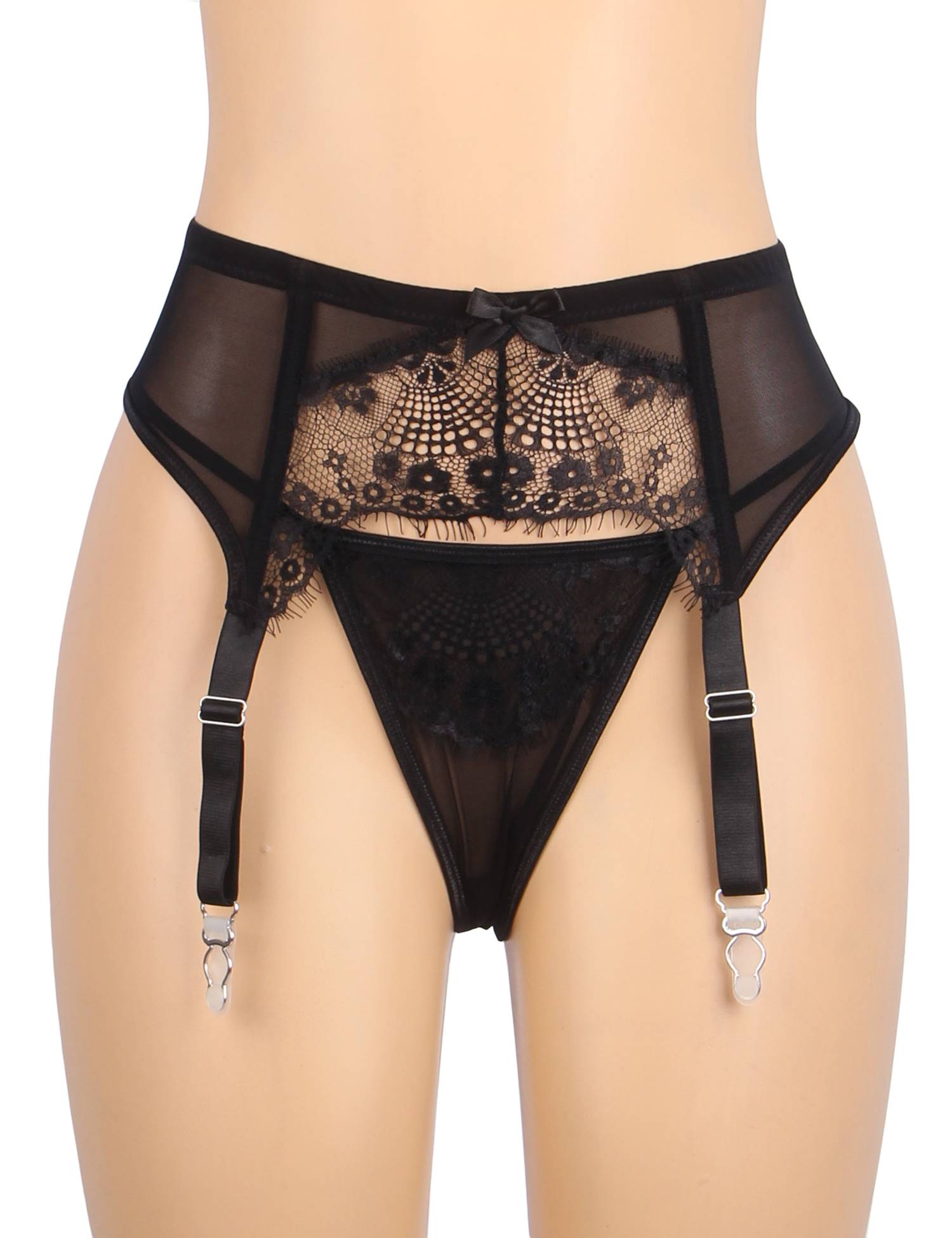 Black Sexy Eyelash Lace Metal Clips Garter Panty