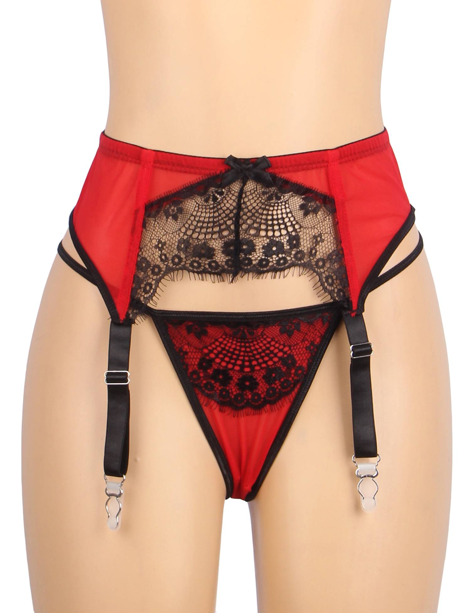 Red Sexy Eyelash Lace Metal Clips Garter Panty