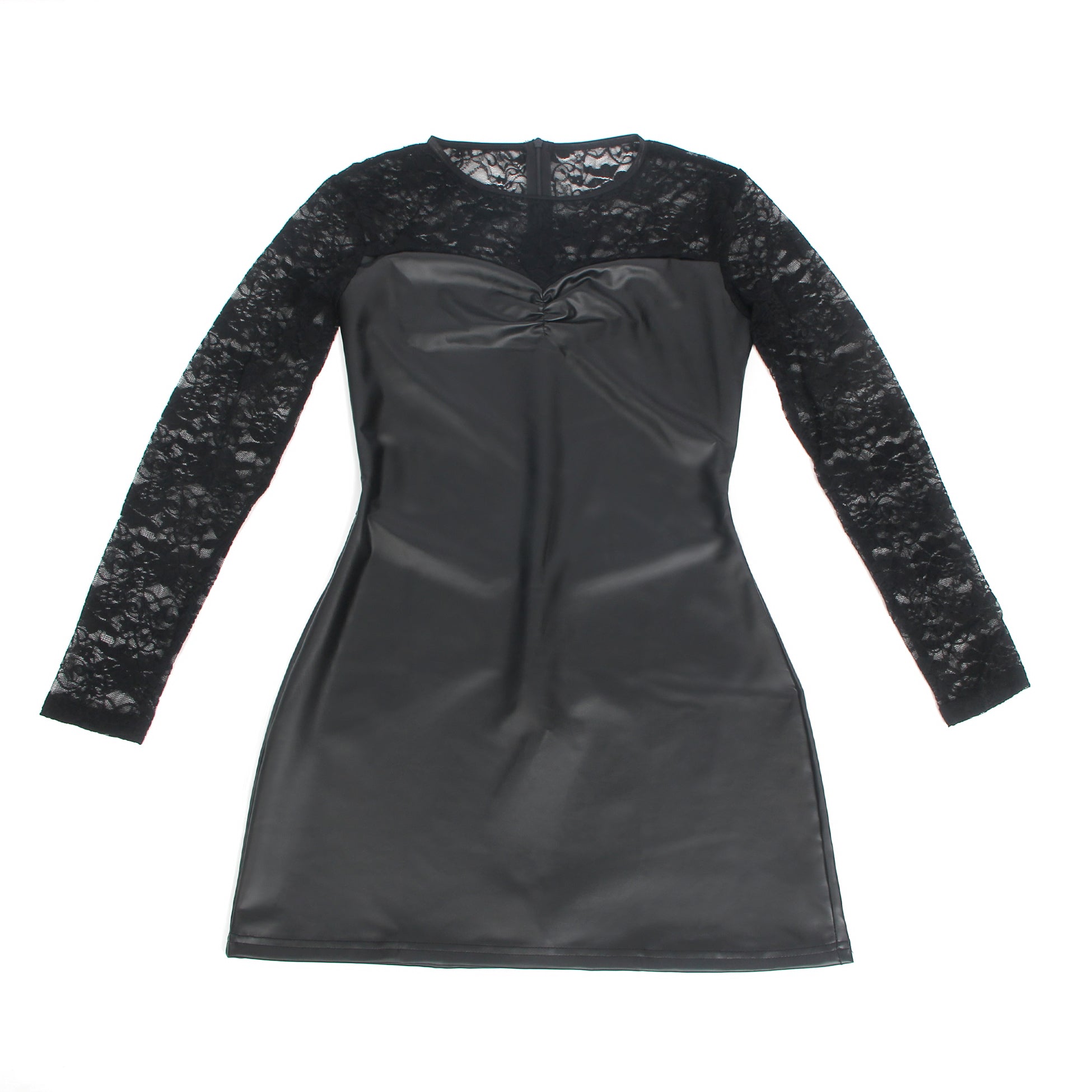 Black Long Sleeves PU Leather Lace Sexy Nightdress