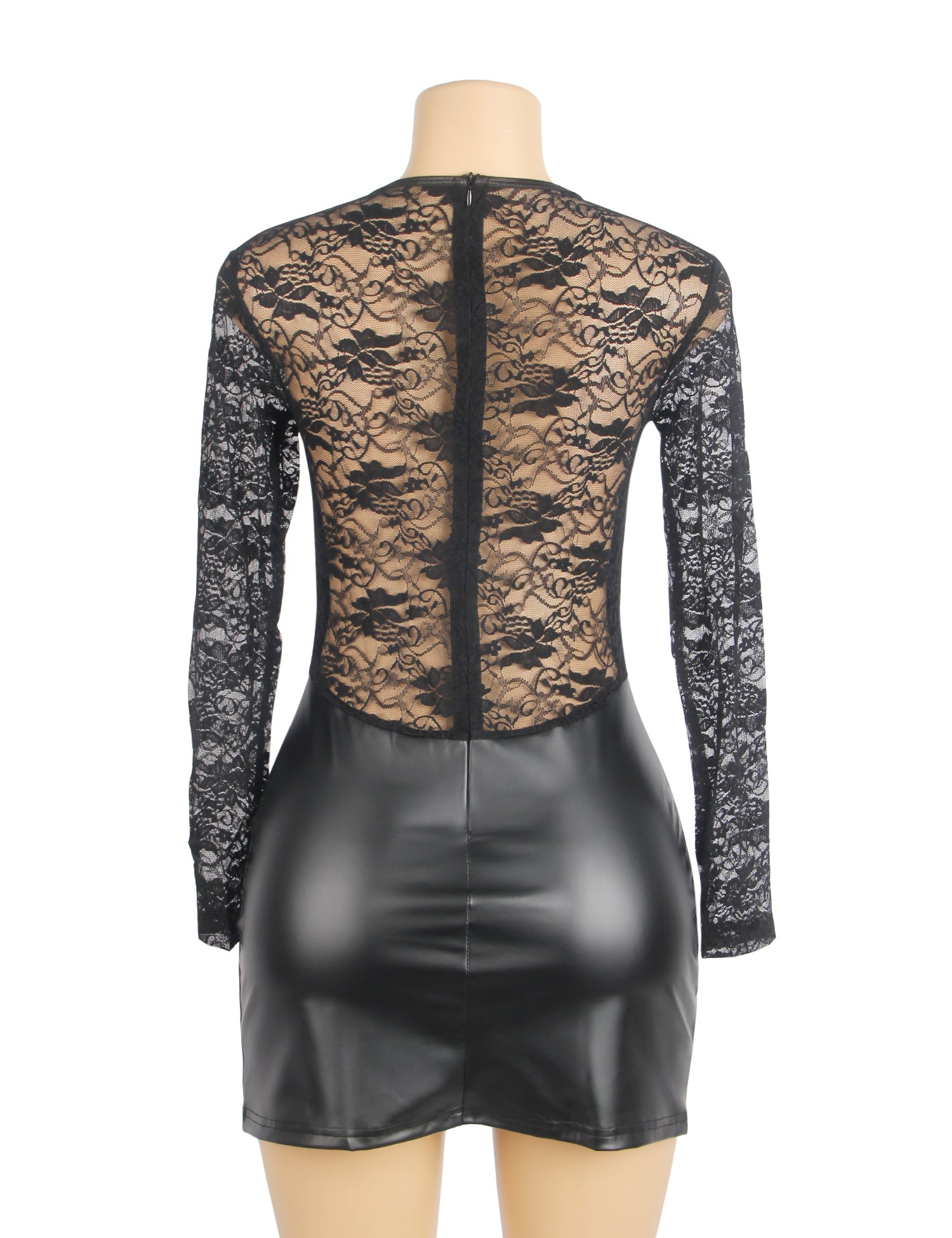 Black Long Sleeves PU Leather Lace Sexy Nightdress