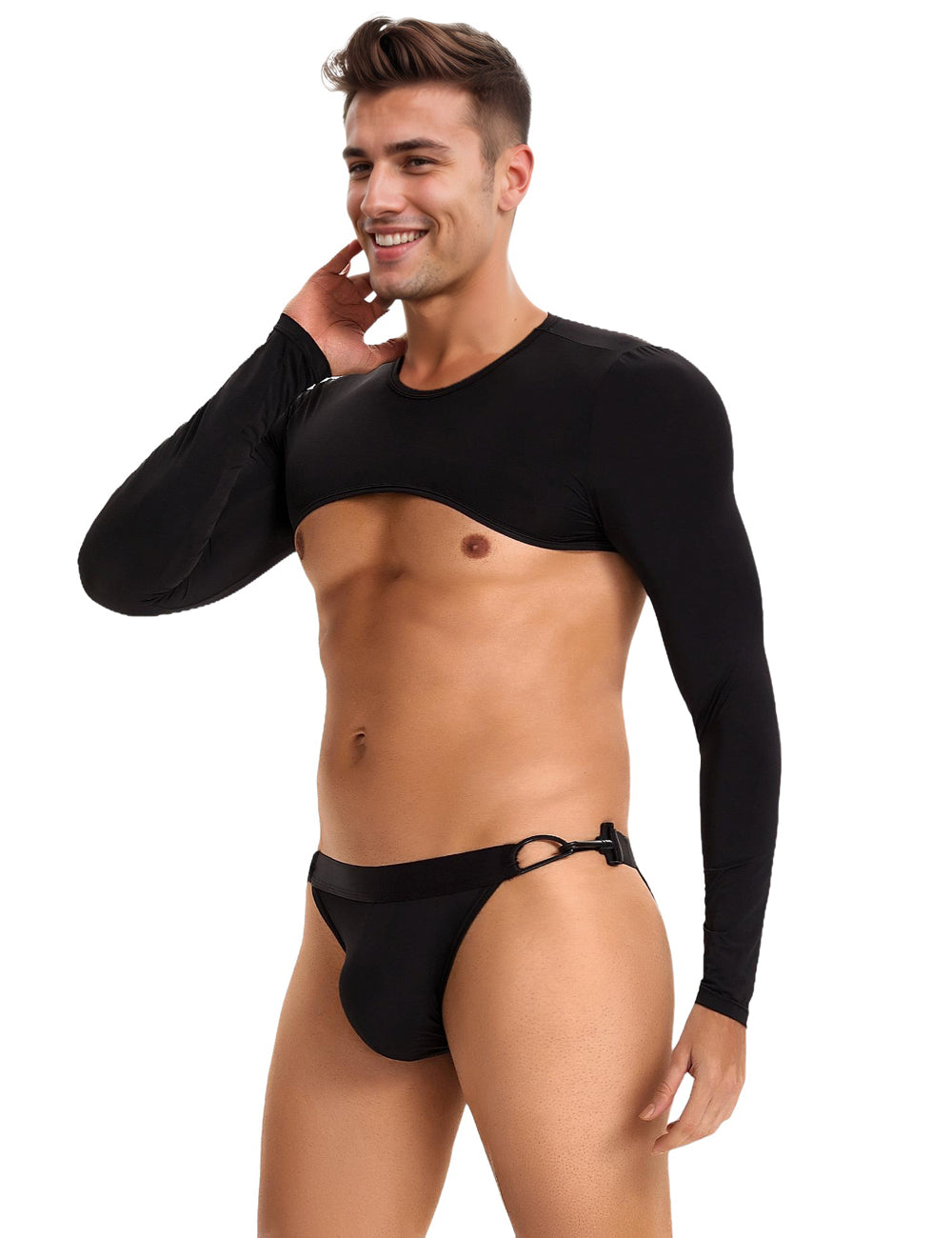 Black Ice Silk Long Sleeves Crop Top Sexy Men Lingerie Set