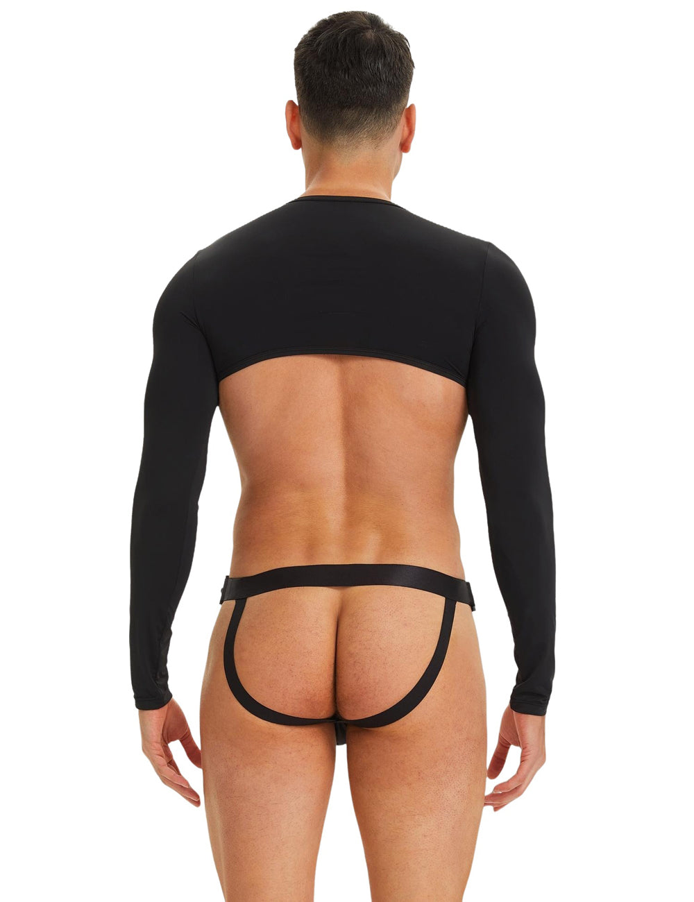 Black Ice Silk Long Sleeves Crop Top Sexy Men Lingerie Set