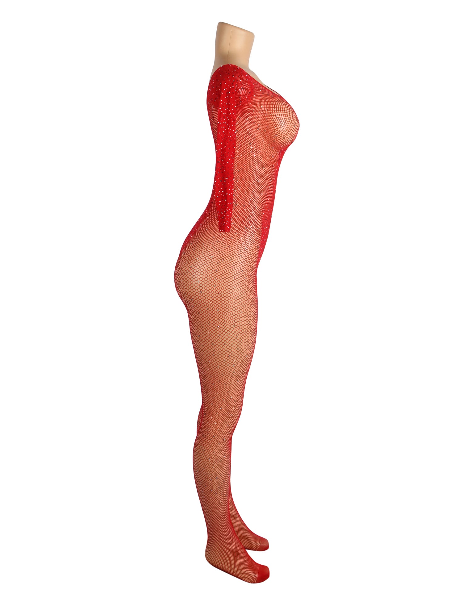 Red Fishnet Diamonds Long Sleeve Bodystocking