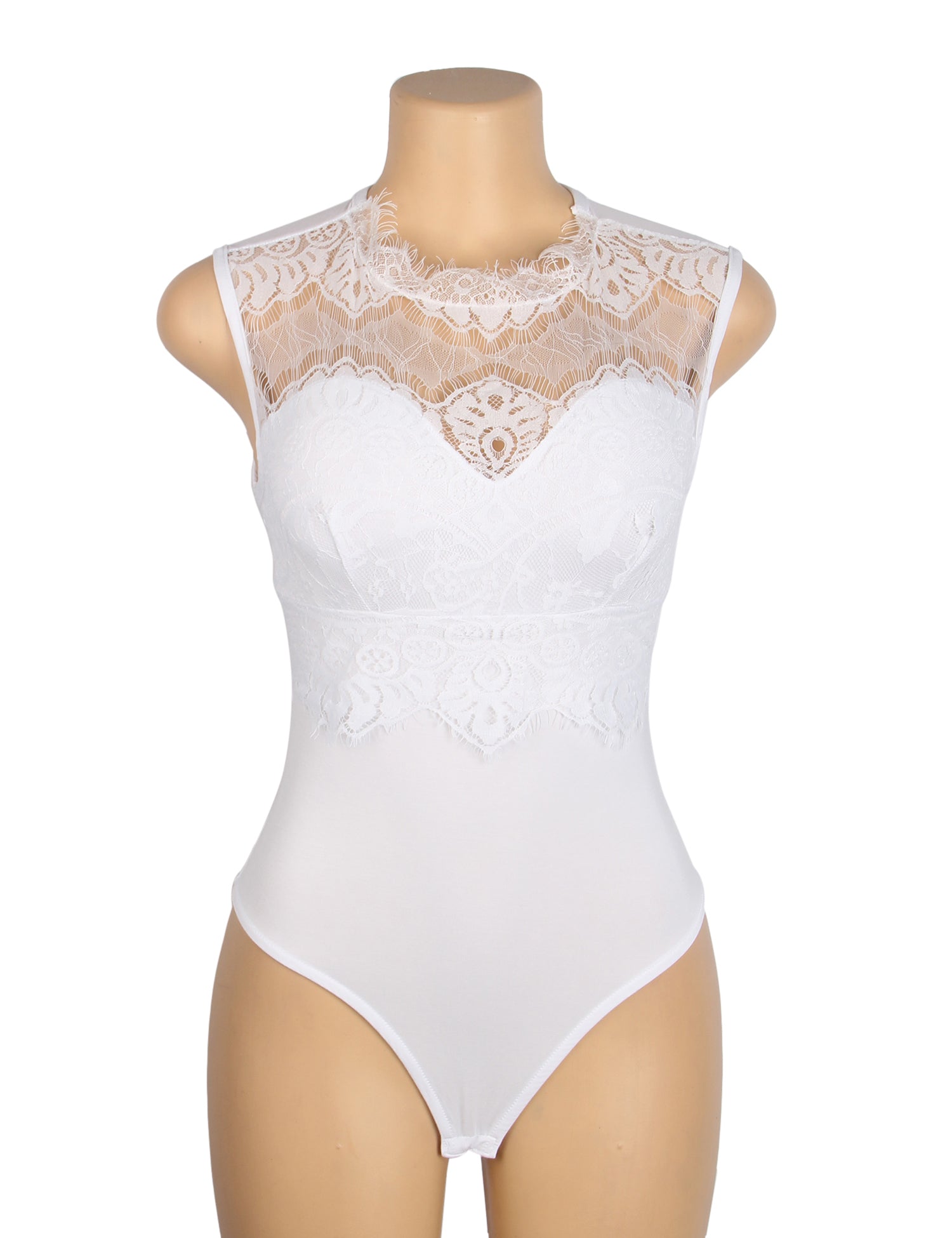 White Sexy Eyelash Lace Open Crotch Sleeveless Bodysuit