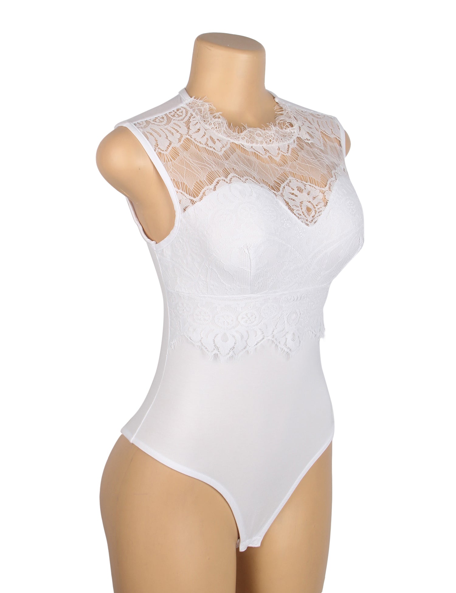 White Sexy Eyelash Lace Open Crotch Sleeveless Bodysuit