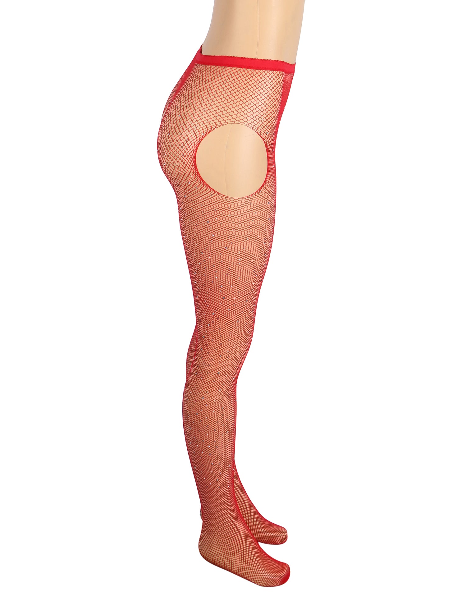 Red Sexy Rhinestone Crotchless Fishnet Pantyhose