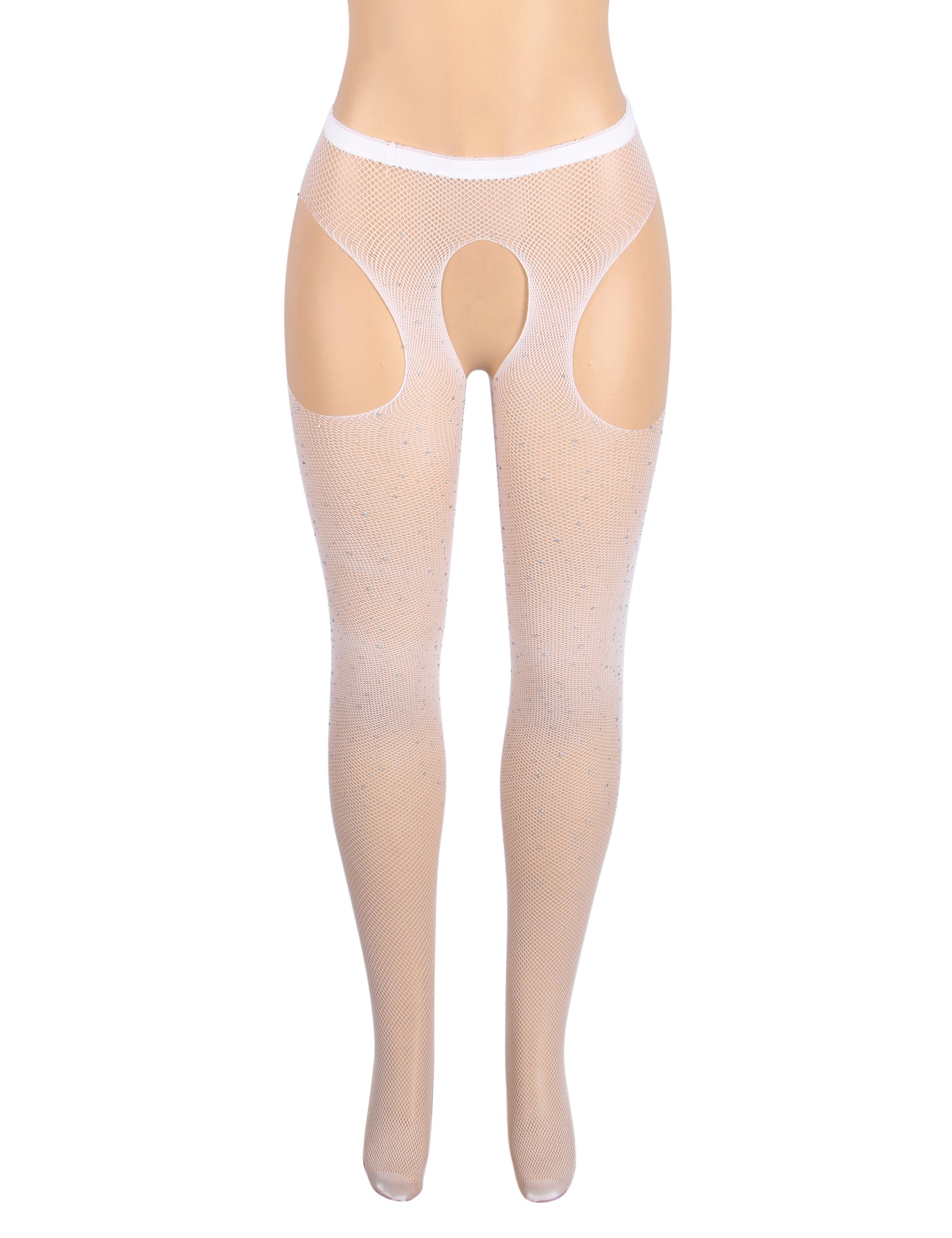 White Sexy Rhinestone Crotchless Fishnet Pantyhose