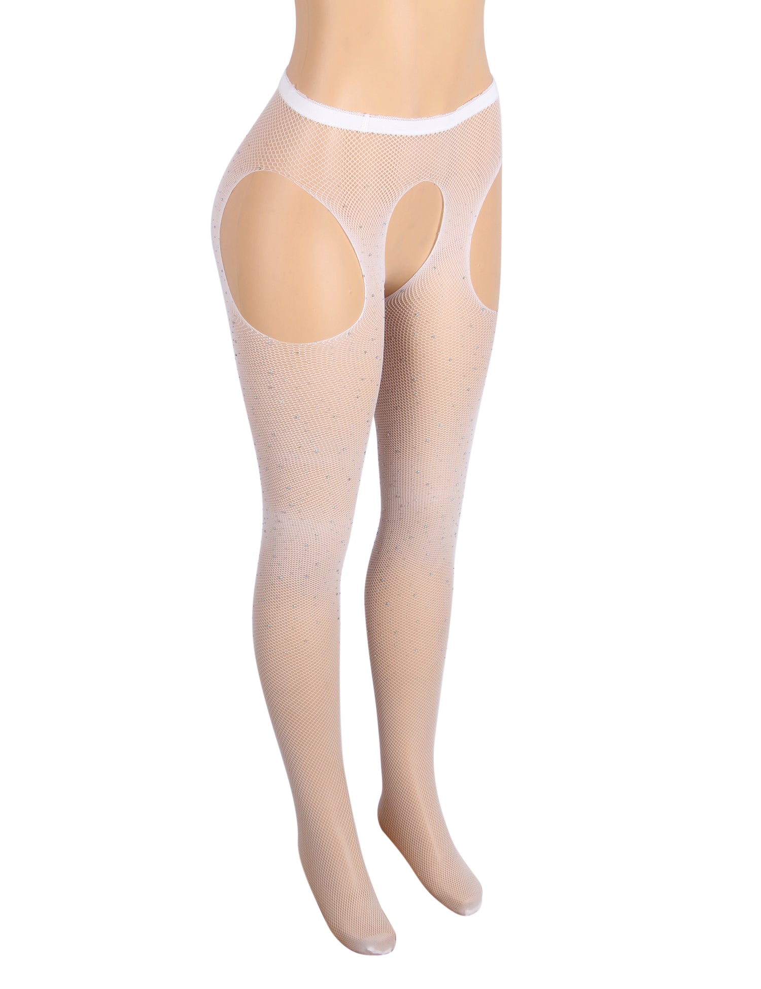White Sexy Rhinestone Crotchless Fishnet Pantyhose