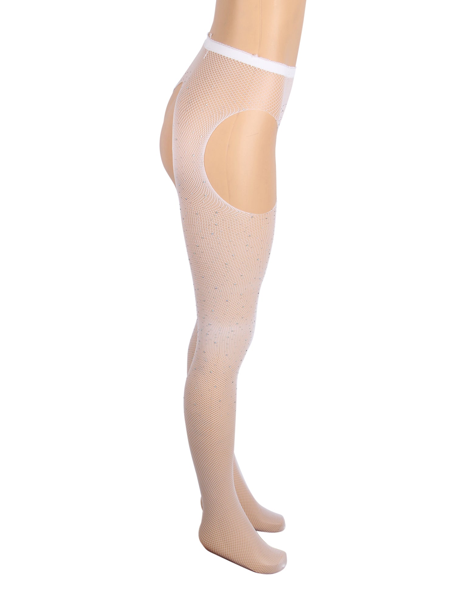 White Sexy Rhinestone Crotchless Fishnet Pantyhose
