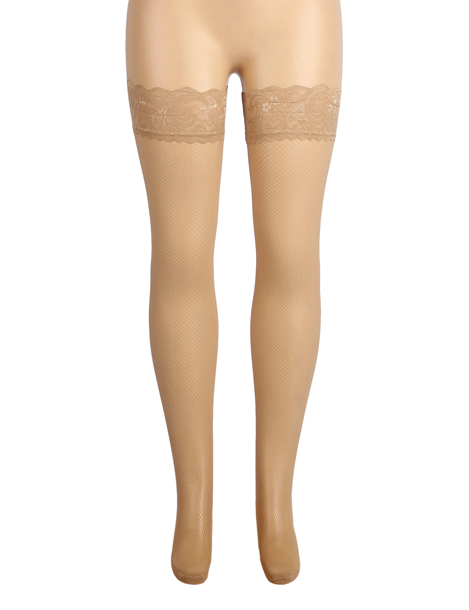 Nude Fishnets Thigh High Stockings Silicone Lace Top Stay Up Sheer Hosiery