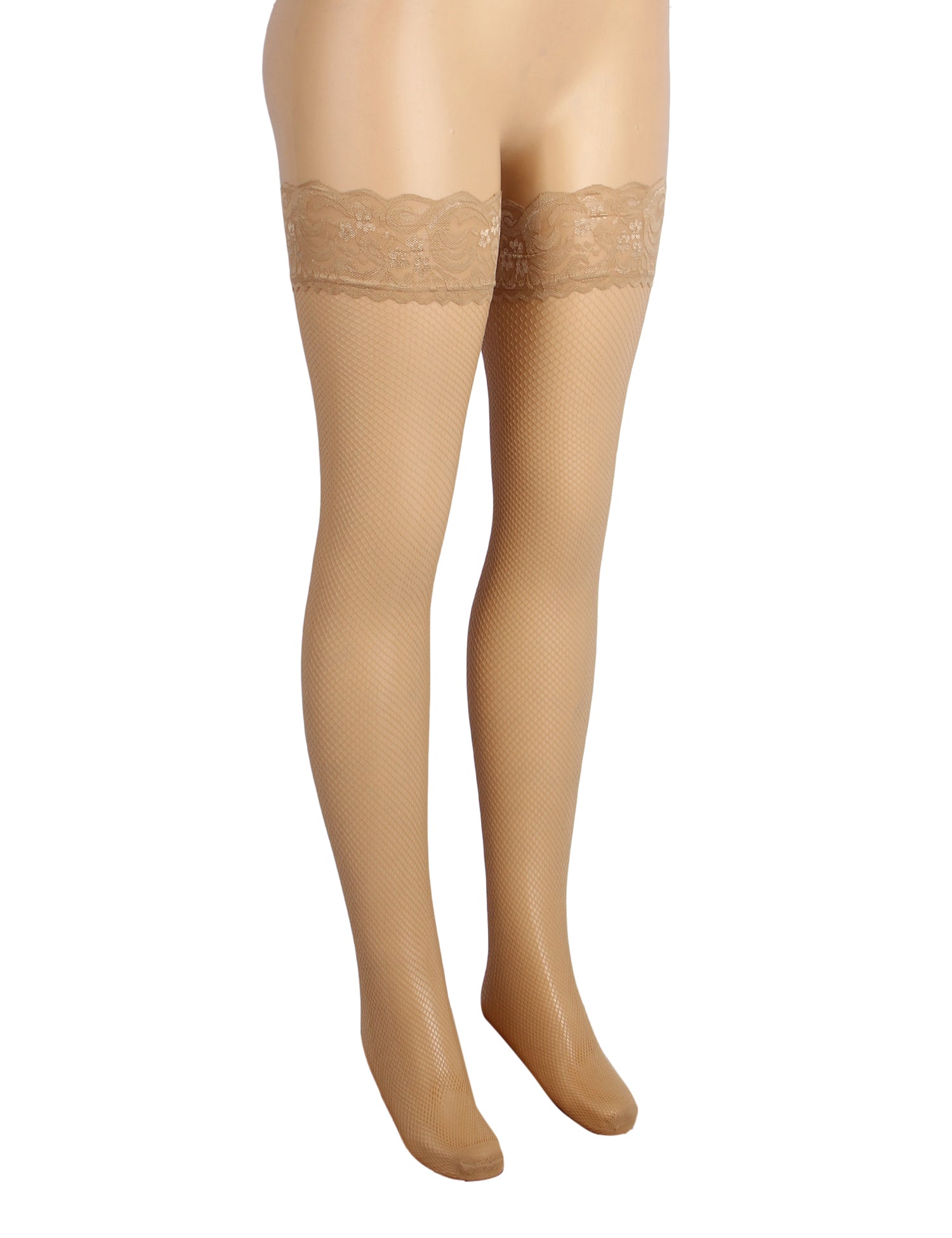 Nude Fishnets Thigh High Stockings Silicone Lace Top Stay Up Sheer Hosiery