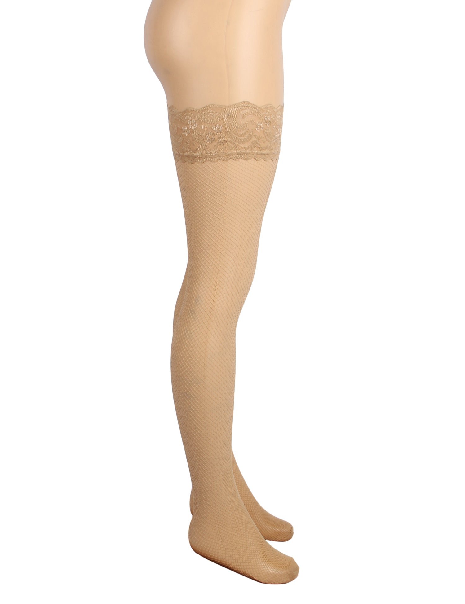Nude Fishnets Thigh High Stockings Silicone Lace Top Stay Up Sheer Hosiery
