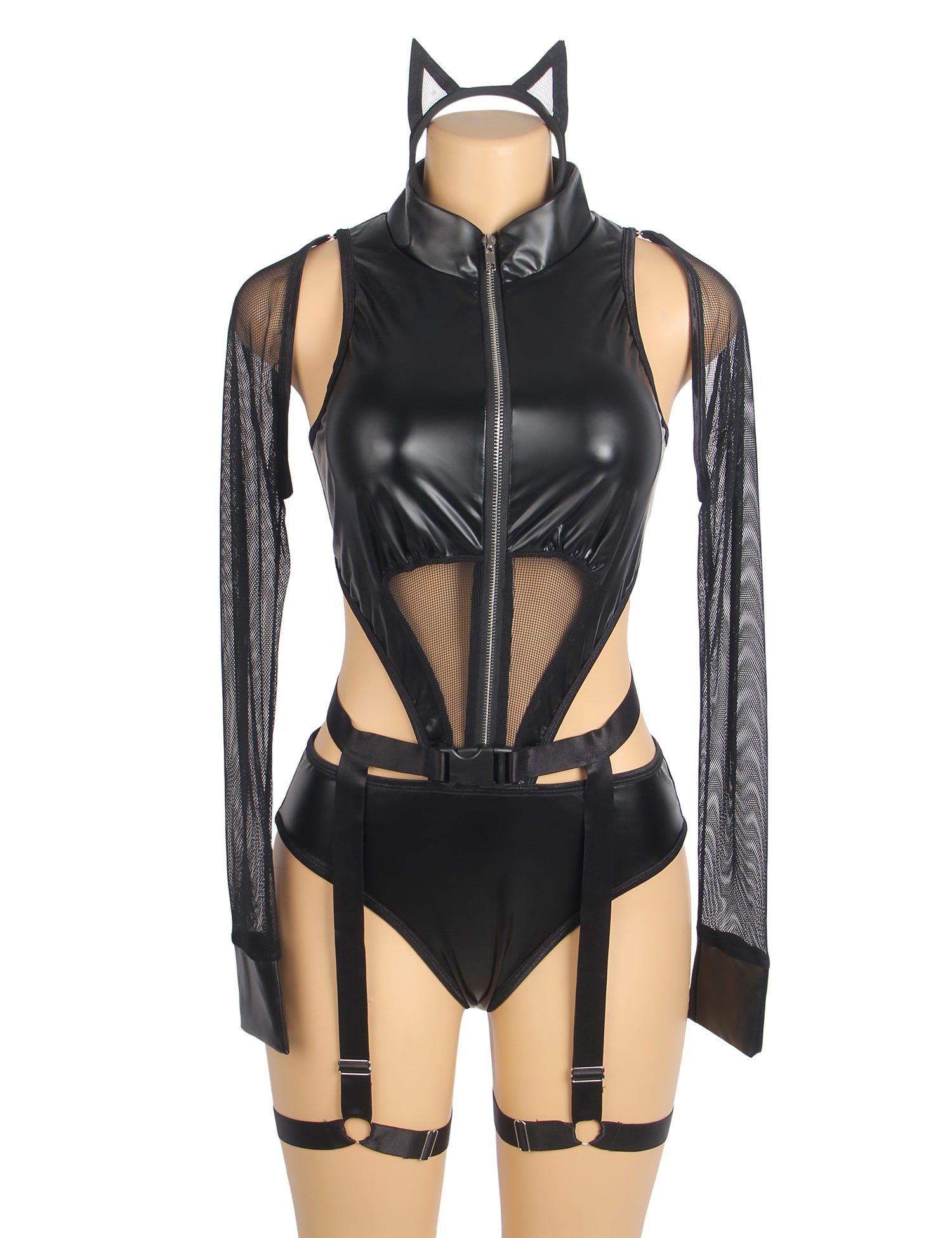 Black Sexy PU Leather Mesh Zipper Long Sleeves Bodysuit