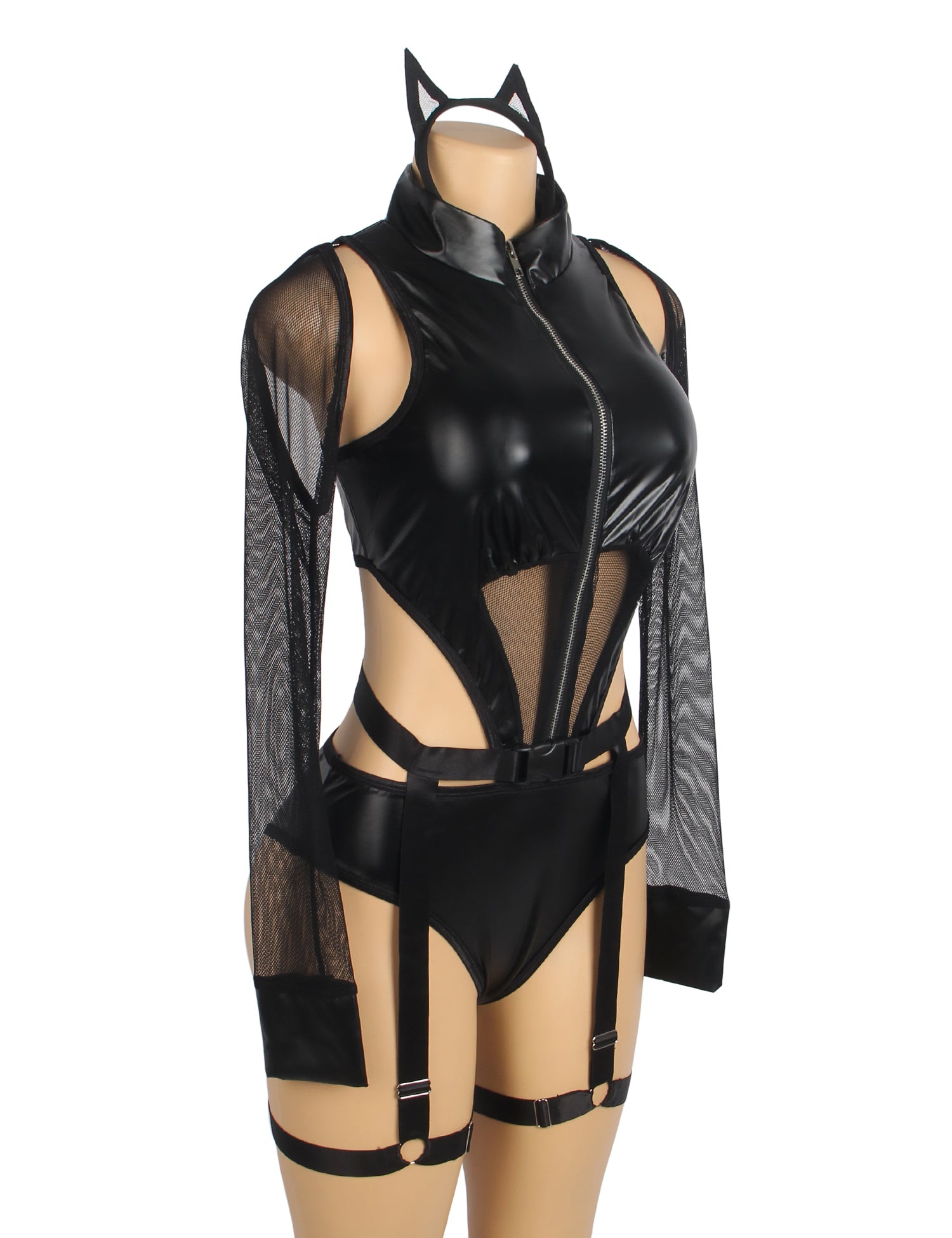 Black Sexy PU Leather Mesh Zipper Long Sleeves Bodysuit