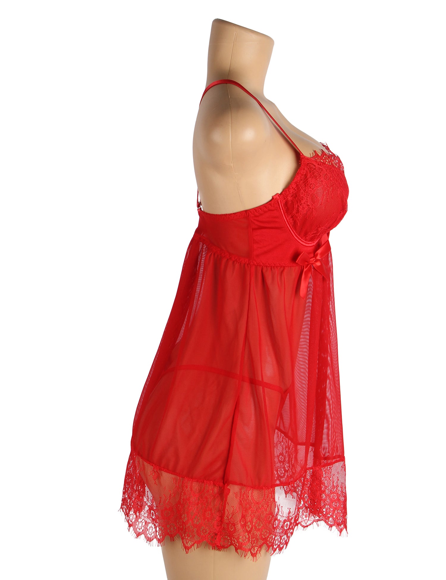 Red Sexy Eyelash Lace Mesh Cross Straps Push Up Nightdress
