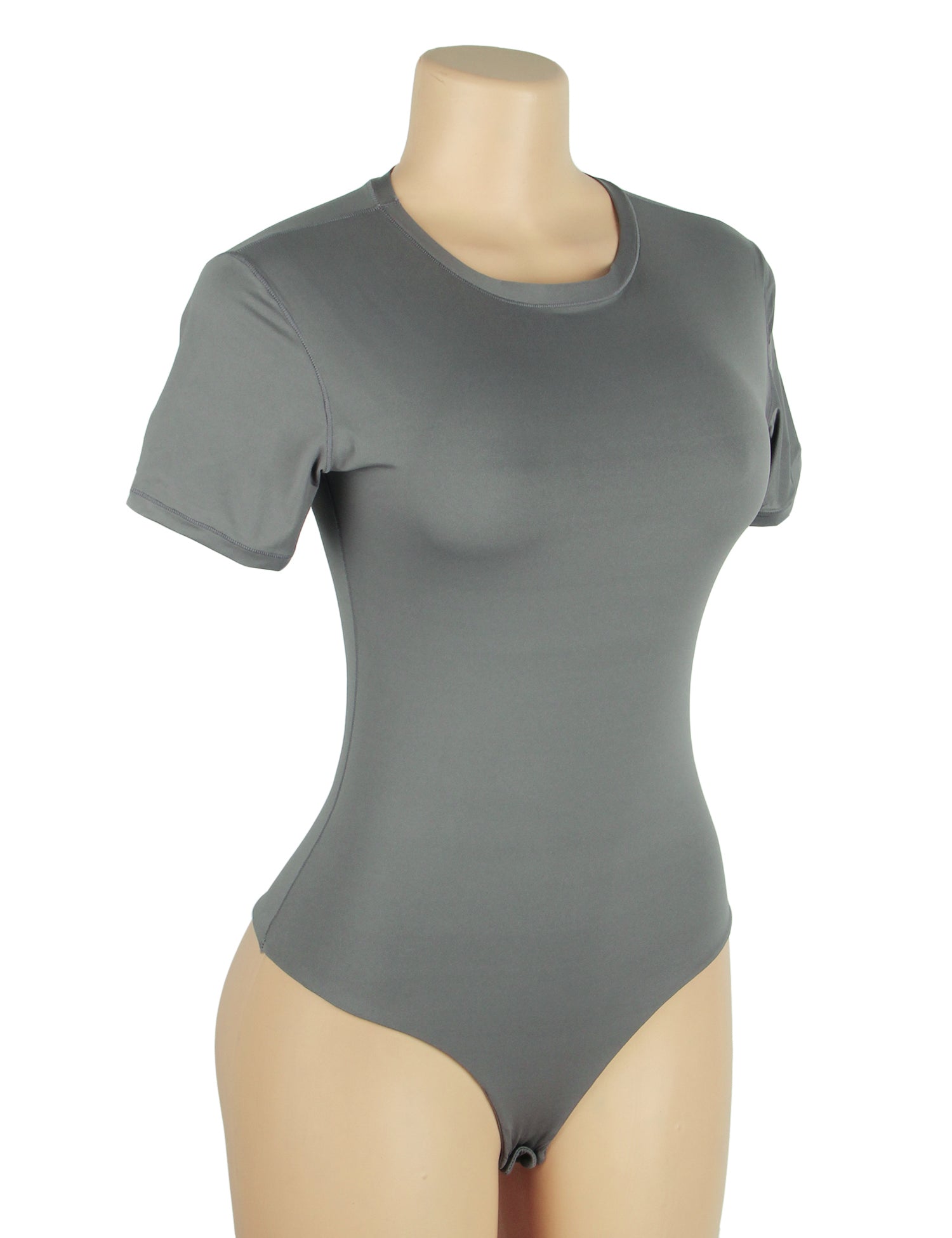 Gray Simple Short Sleeves Open Crotch Bodysuit