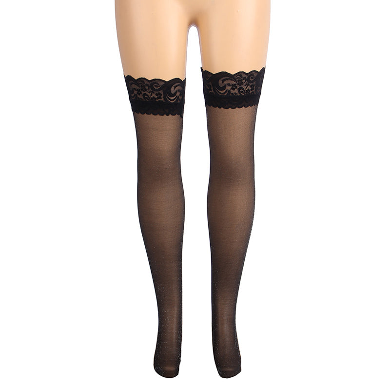 Black Sexy Lace Pearlescent Stockings With Silicone Straps