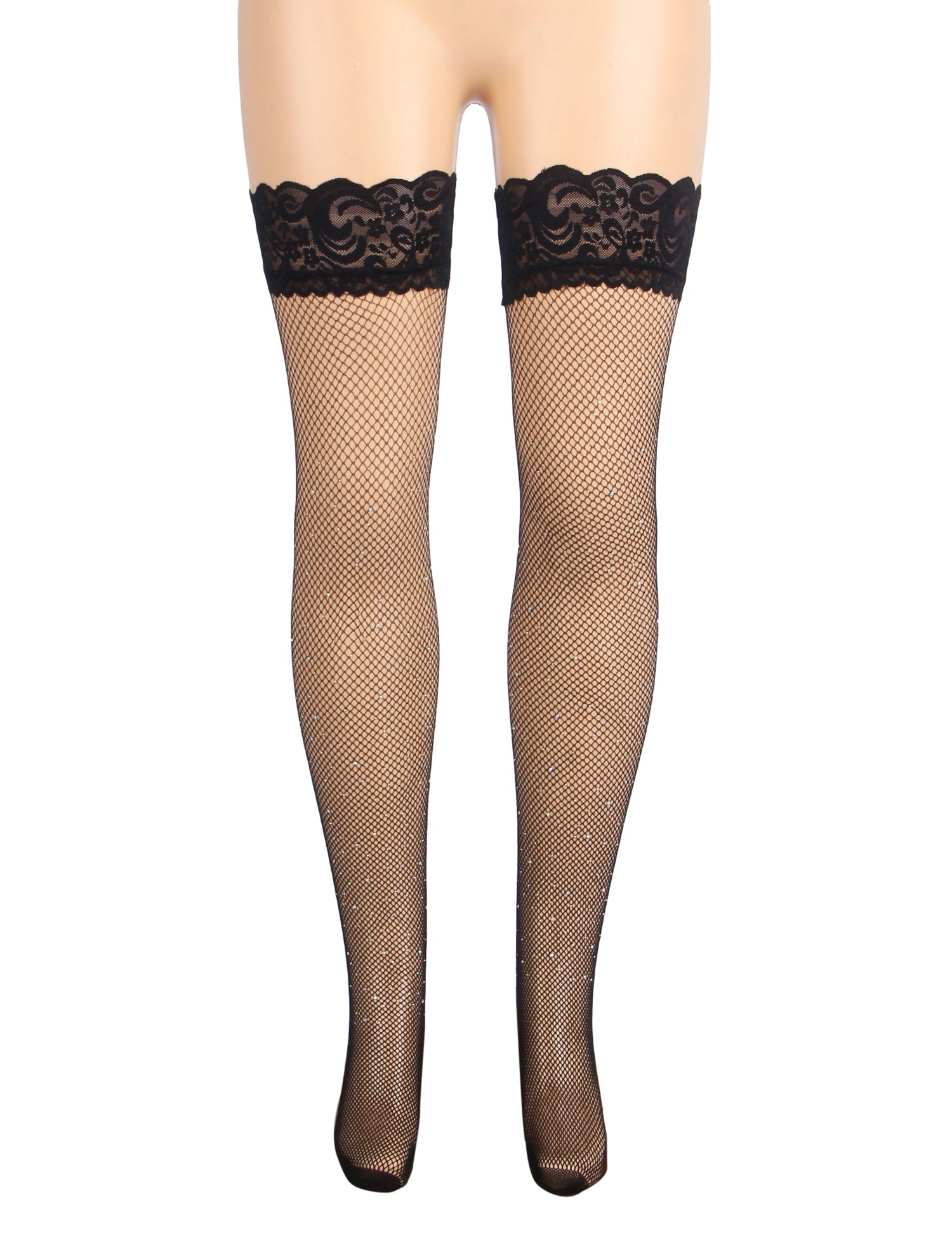 Black Sexy Lace Rhinestone Fishnet Stockings With Silicone