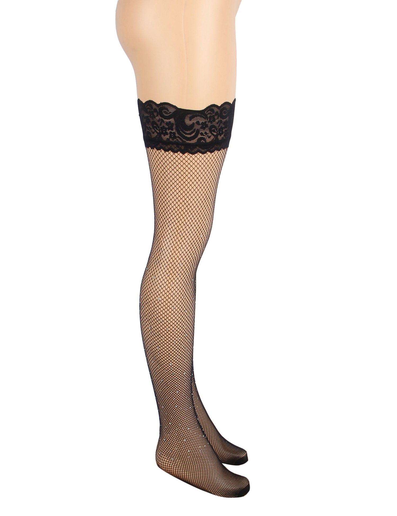 Black Sexy Lace Rhinestone Fishnet Stockings With Silicone