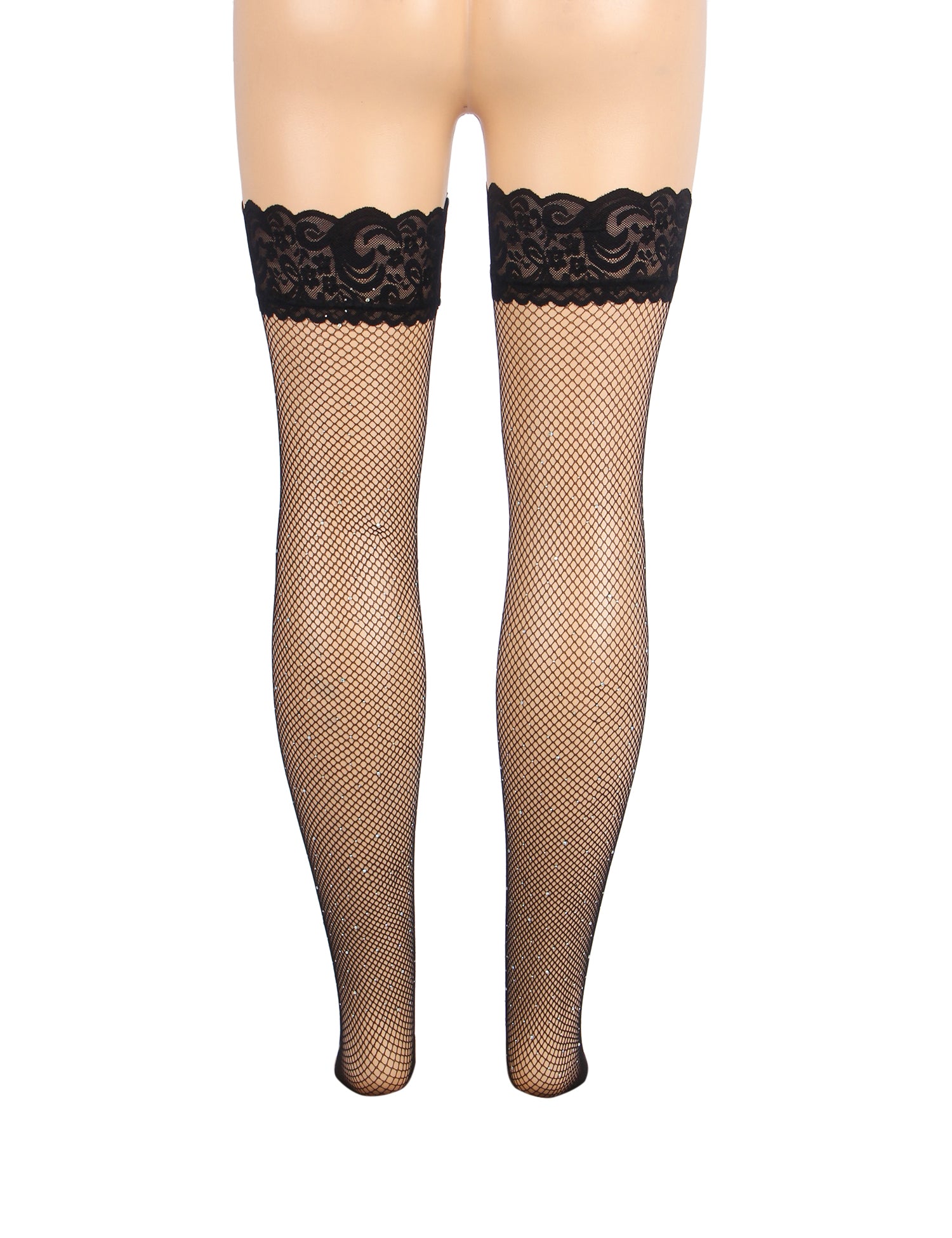 Black Sexy Lace Rhinestone Fishnet Stockings With Silicone