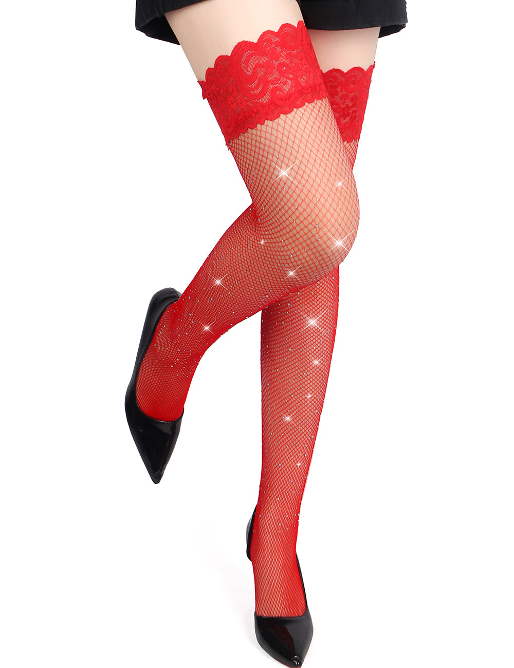 Red Sexy Lace Rhinestone Fishnet Stockings With Silicone