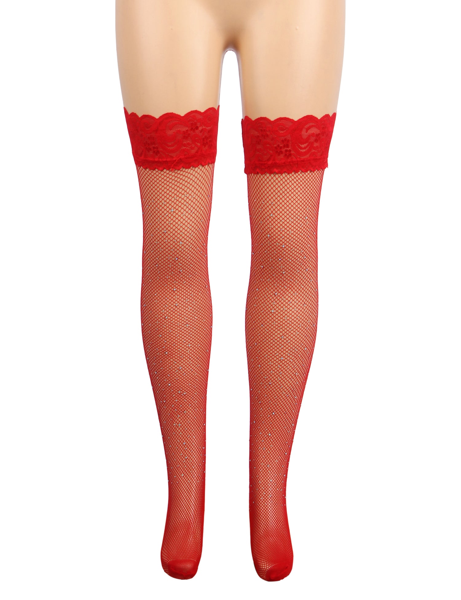 Red Sexy Lace Rhinestone Fishnet Stockings With Silicone
