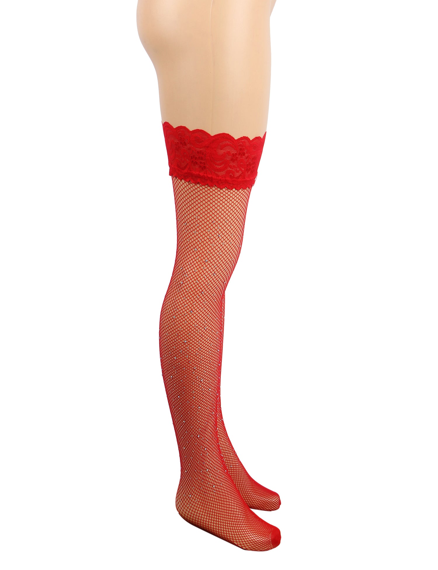 Red Sexy Lace Rhinestone Fishnet Stockings With Silicone
