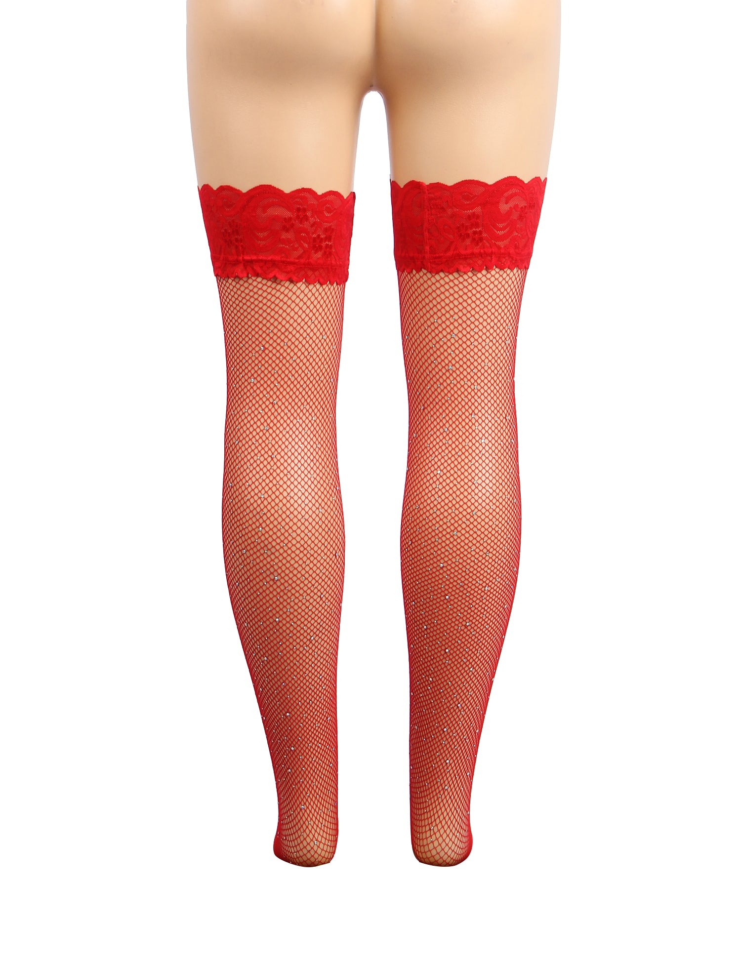 Red Sexy Lace Rhinestone Fishnet Stockings With Silicone