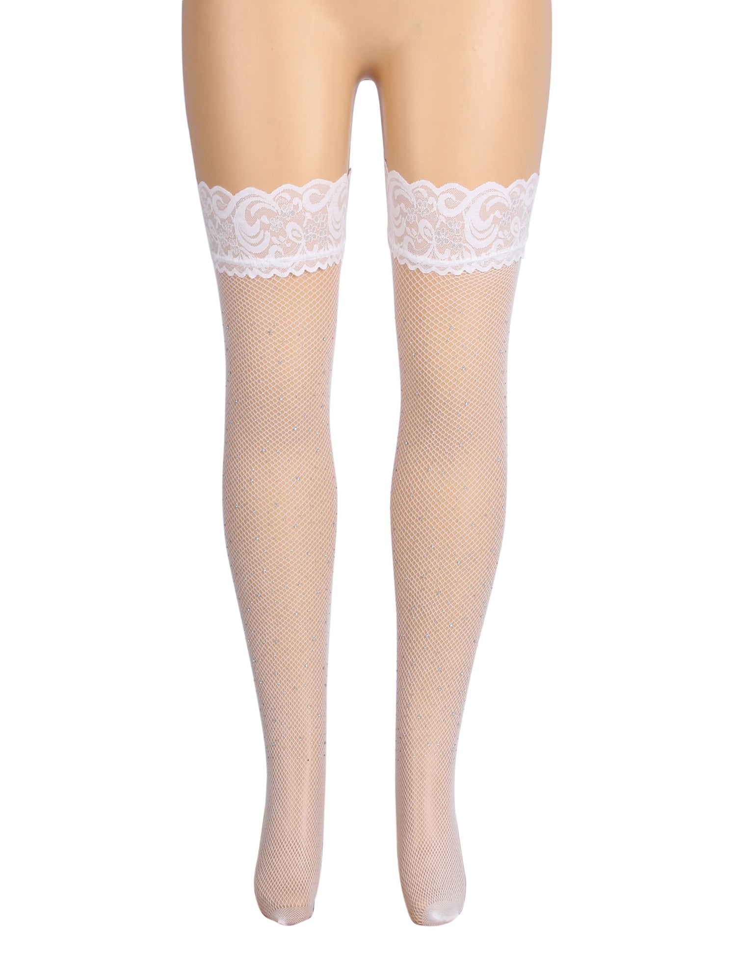 White Sexy Lace Rhinestone Fishnet Stockings With Silicone