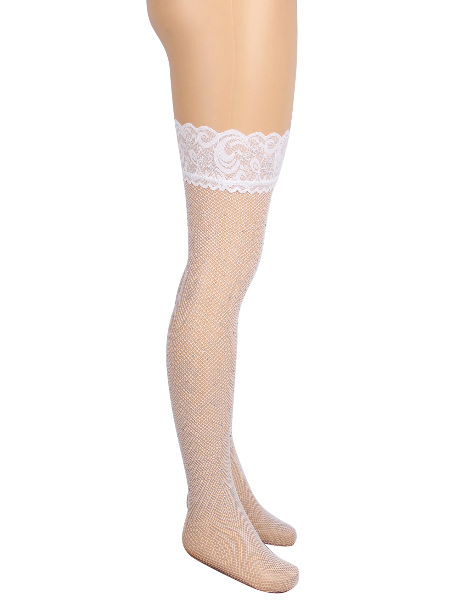 White Sexy Lace Rhinestone Fishnet Stockings With Silicone