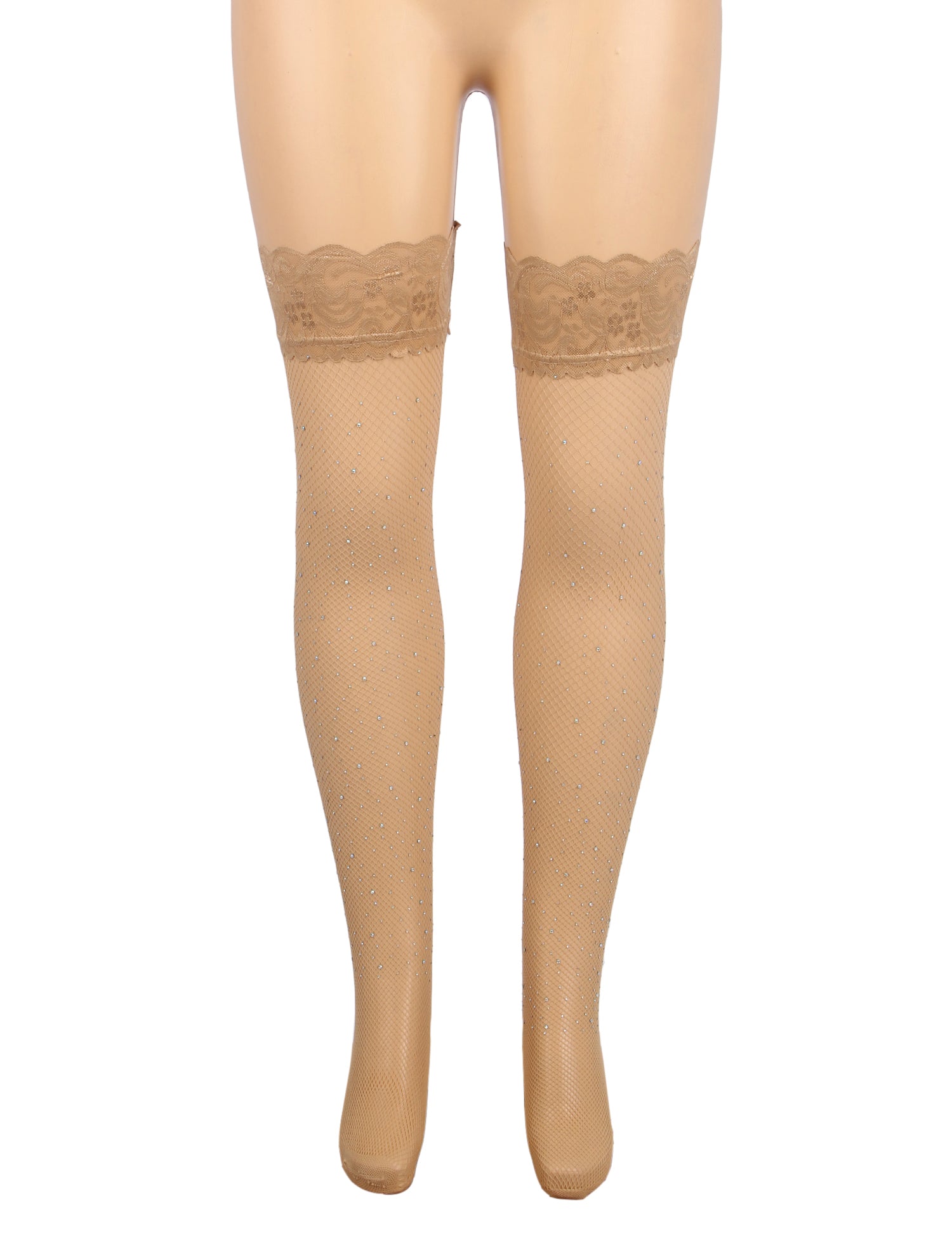Nude Sexy Lace Rhinestone Fishnet Stockings With Silicone