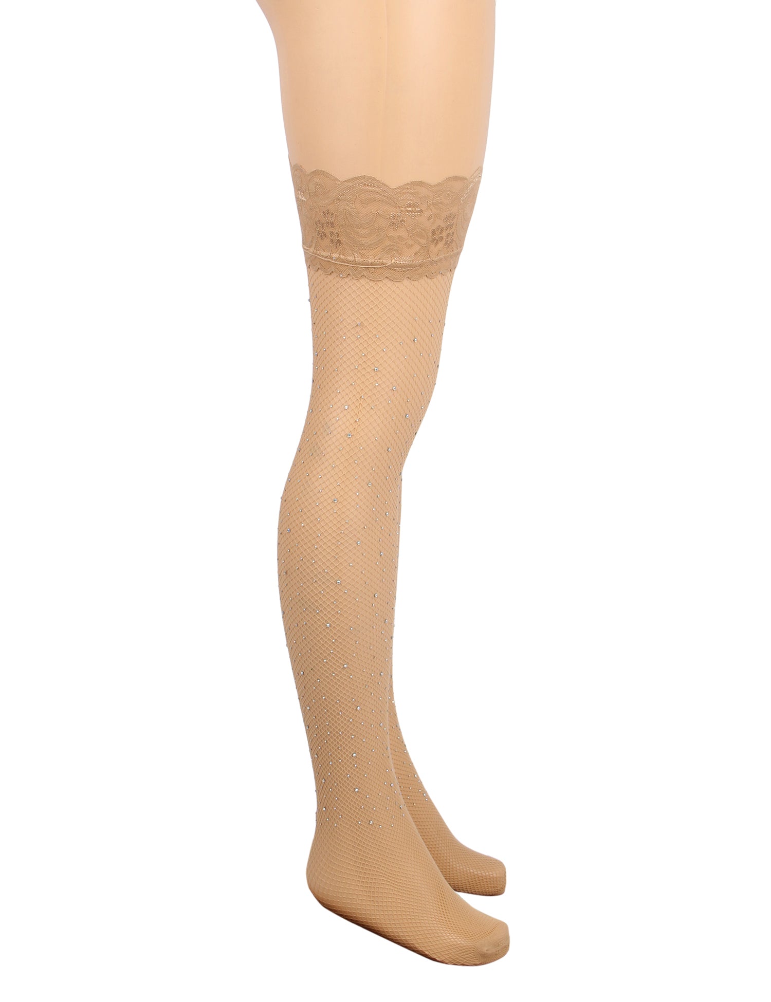 Nude Sexy Lace Rhinestone Fishnet Stockings With Silicone