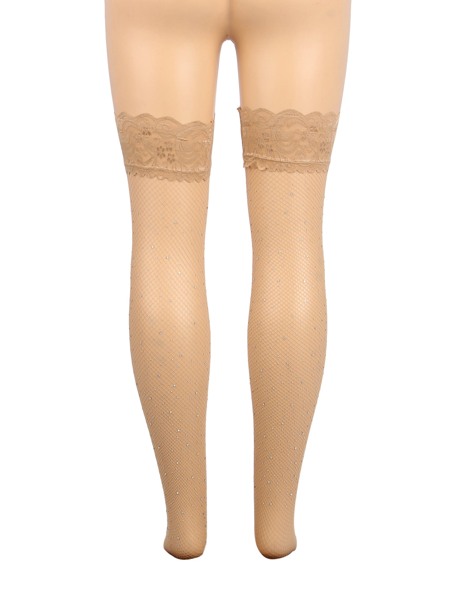 Nude Sexy Lace Rhinestone Fishnet Stockings With Silicone