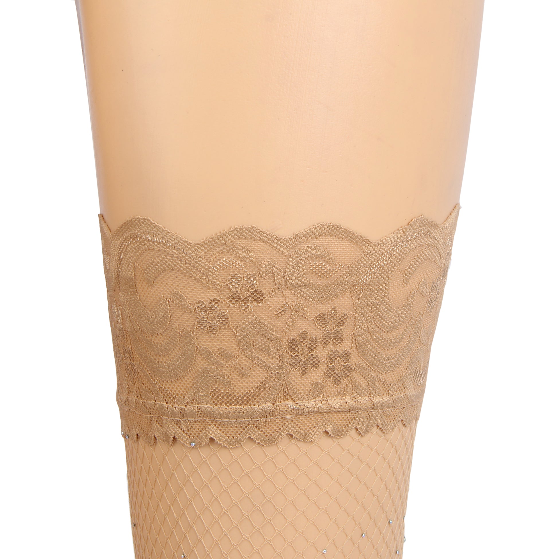 Nude Sexy Lace Rhinestone Fishnet Stockings With Silicone