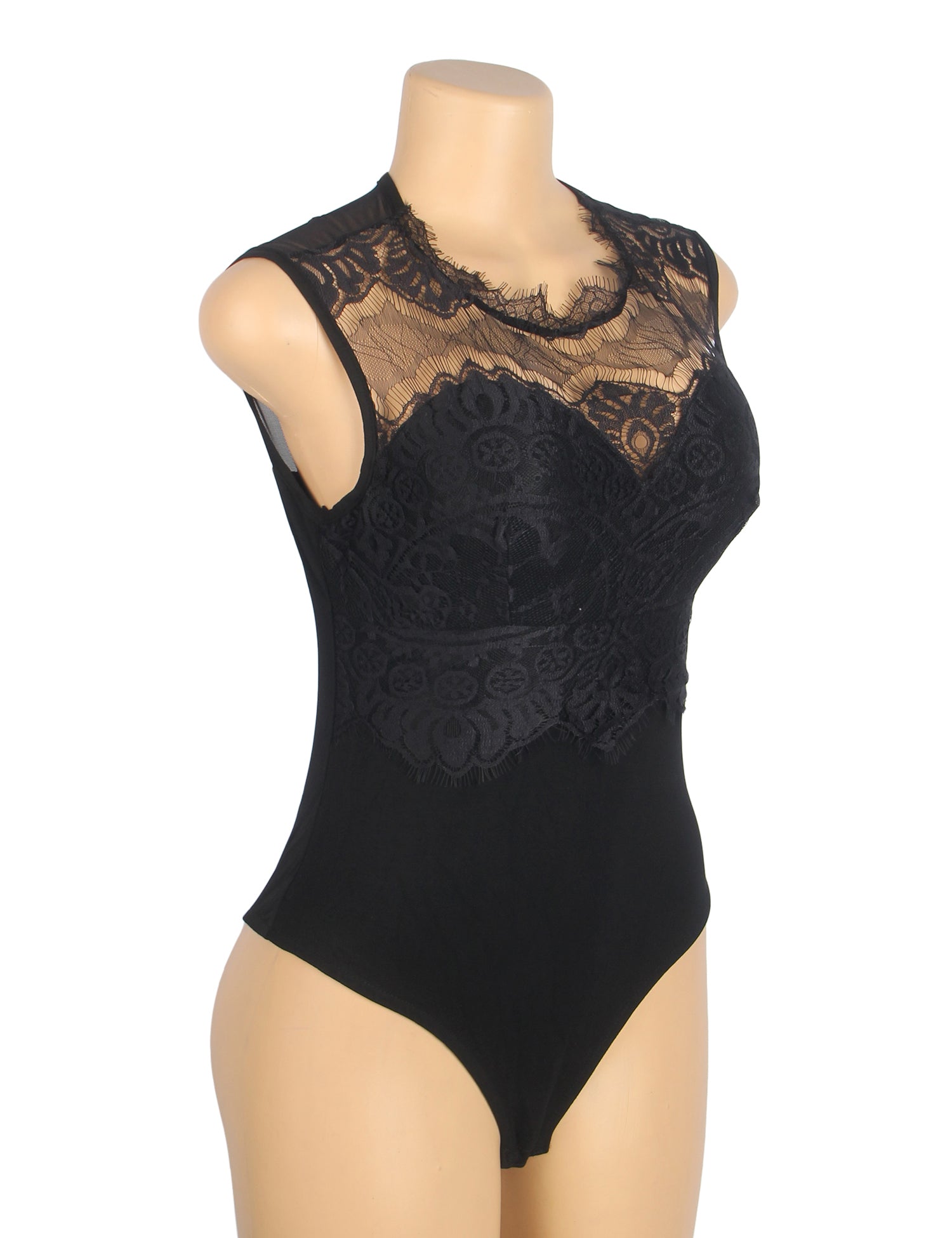 Black Sexy Eyelash Lace Open Crotch Sleeveless Bodysuit