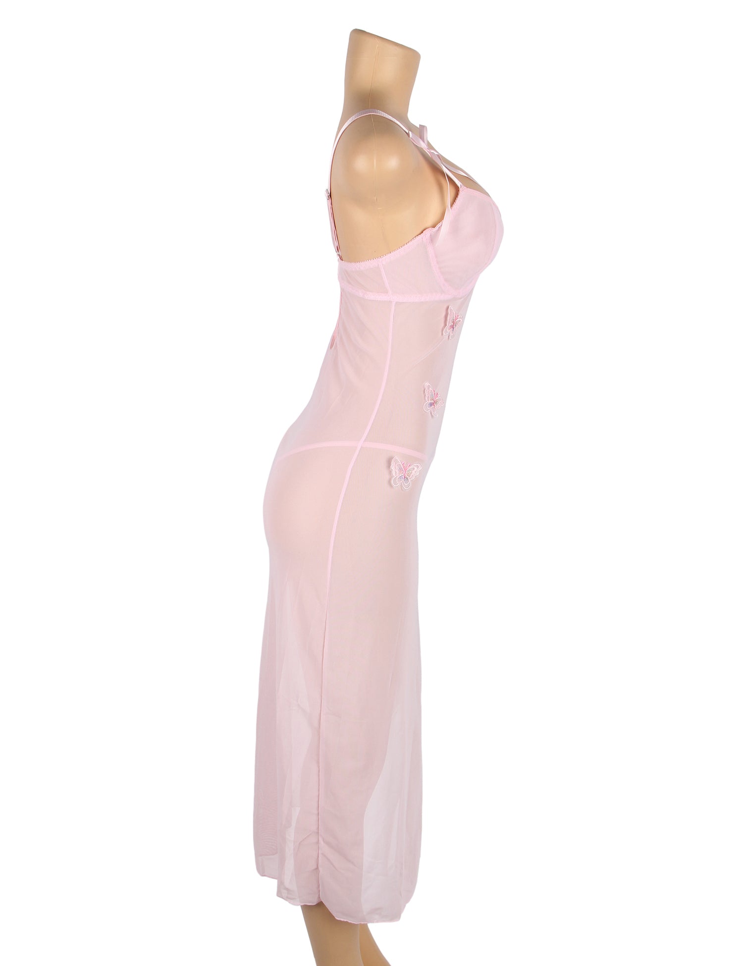 Pink Sexy See Through Mesh Butterfly Backless Long Lingerie Dress