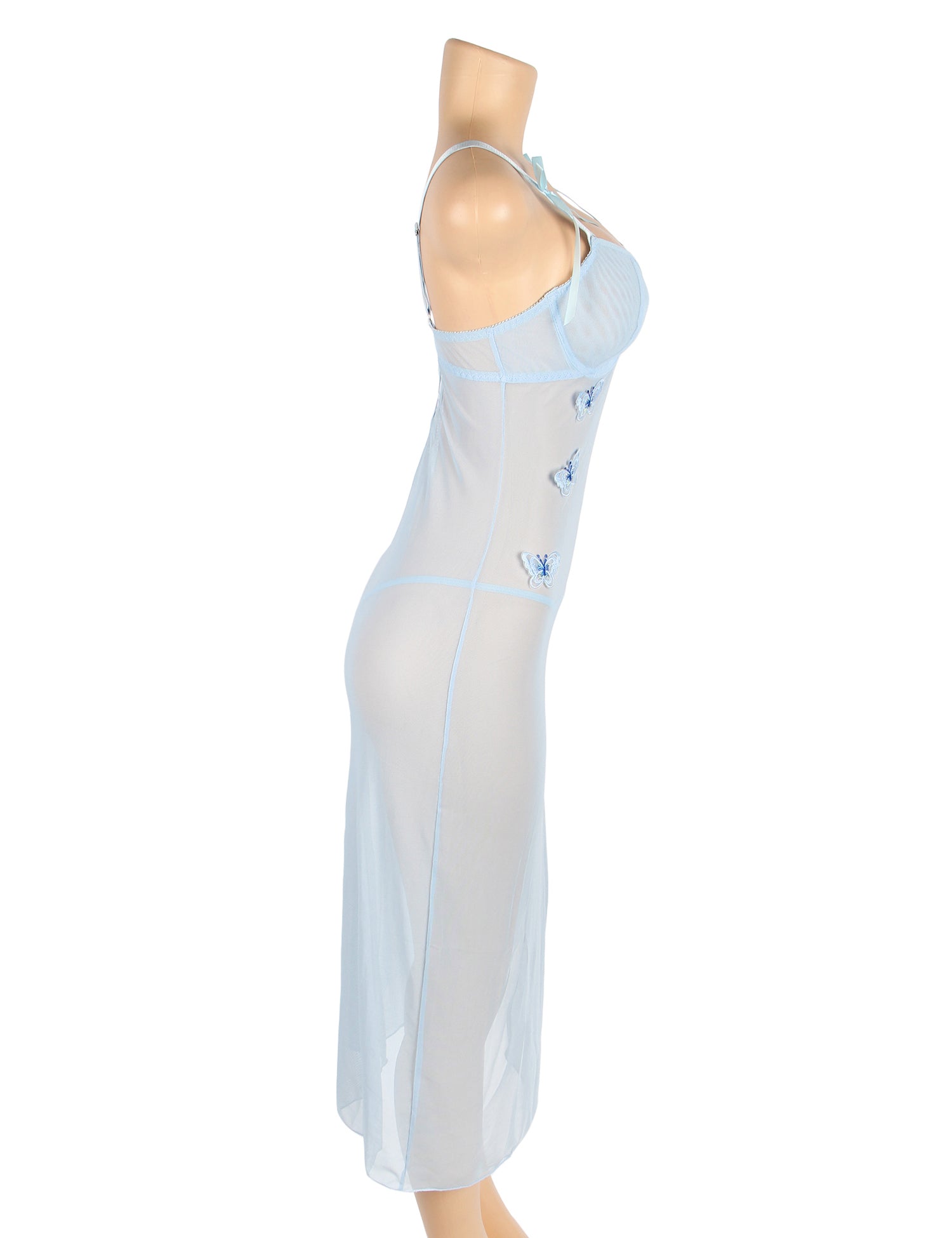 Blue Sexy See Through Mesh Butterfly Backless Long Lingerie Dress