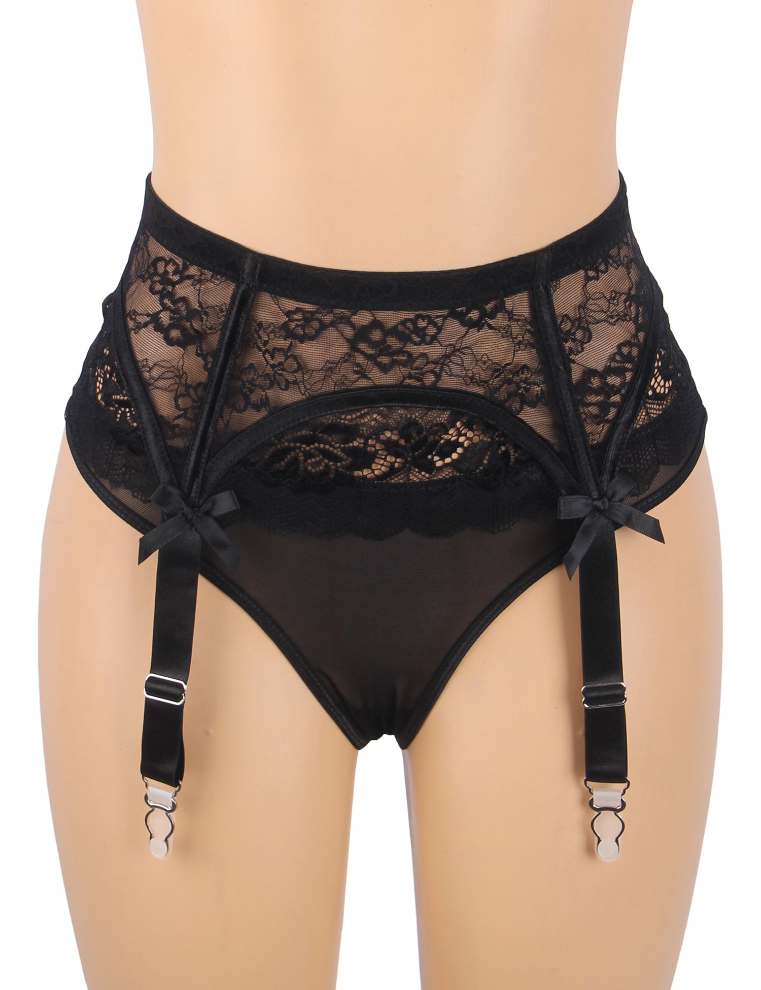 Black Sexy Lace Bow Metal Clips Garter Panty
