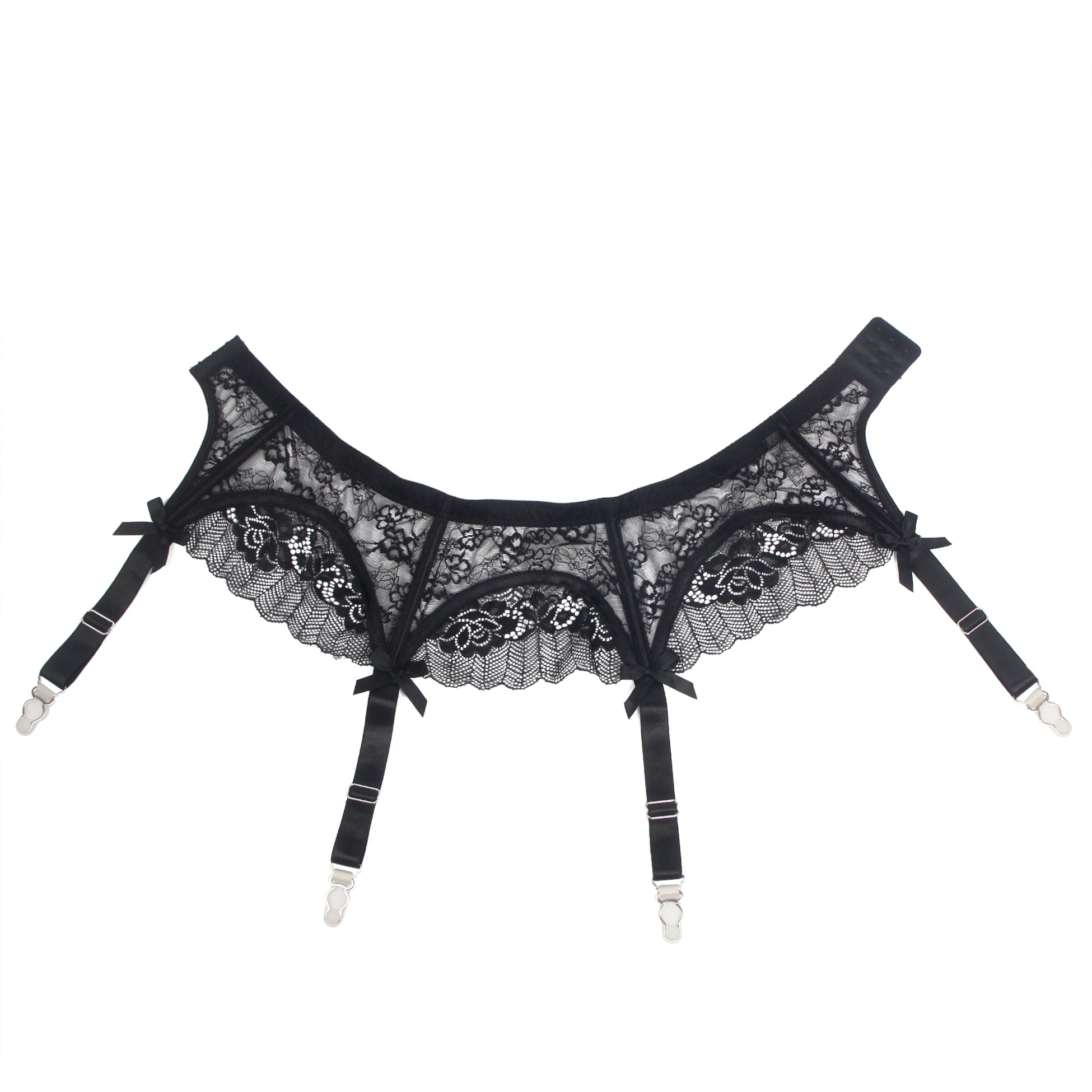 Black Sexy Lace Bow Metal Clips Garter Panty