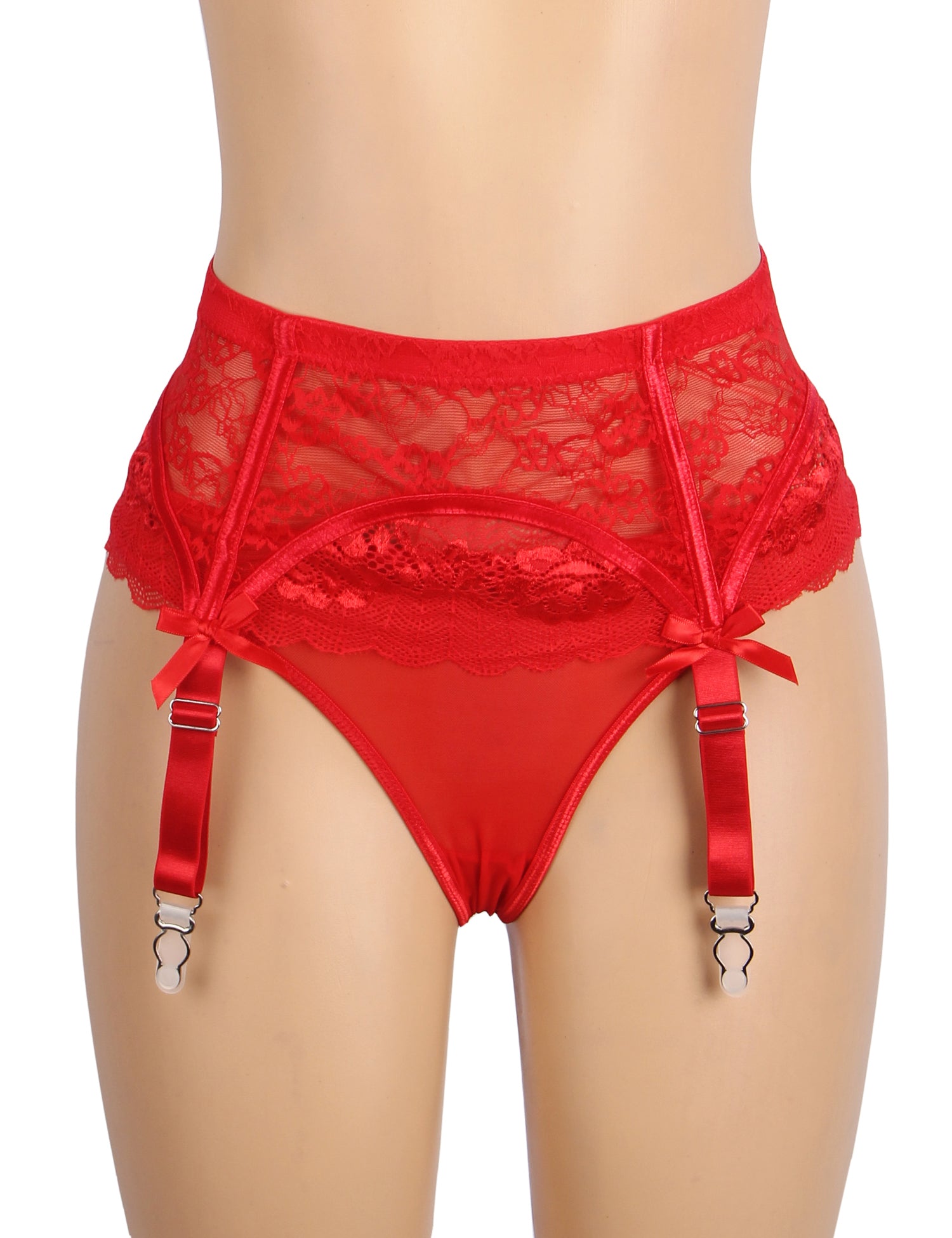 Red Sexy Lace Bow Metal Clips Garter Panty