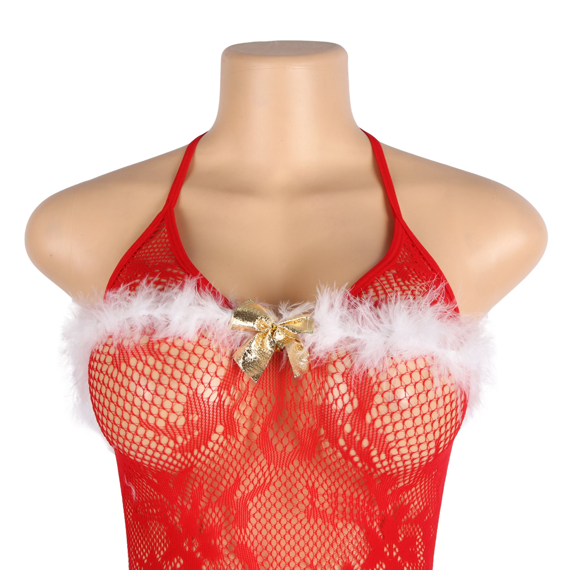Christmas Red Sexy Bow Plush Decoration Suspender Fishnet Bodystocking