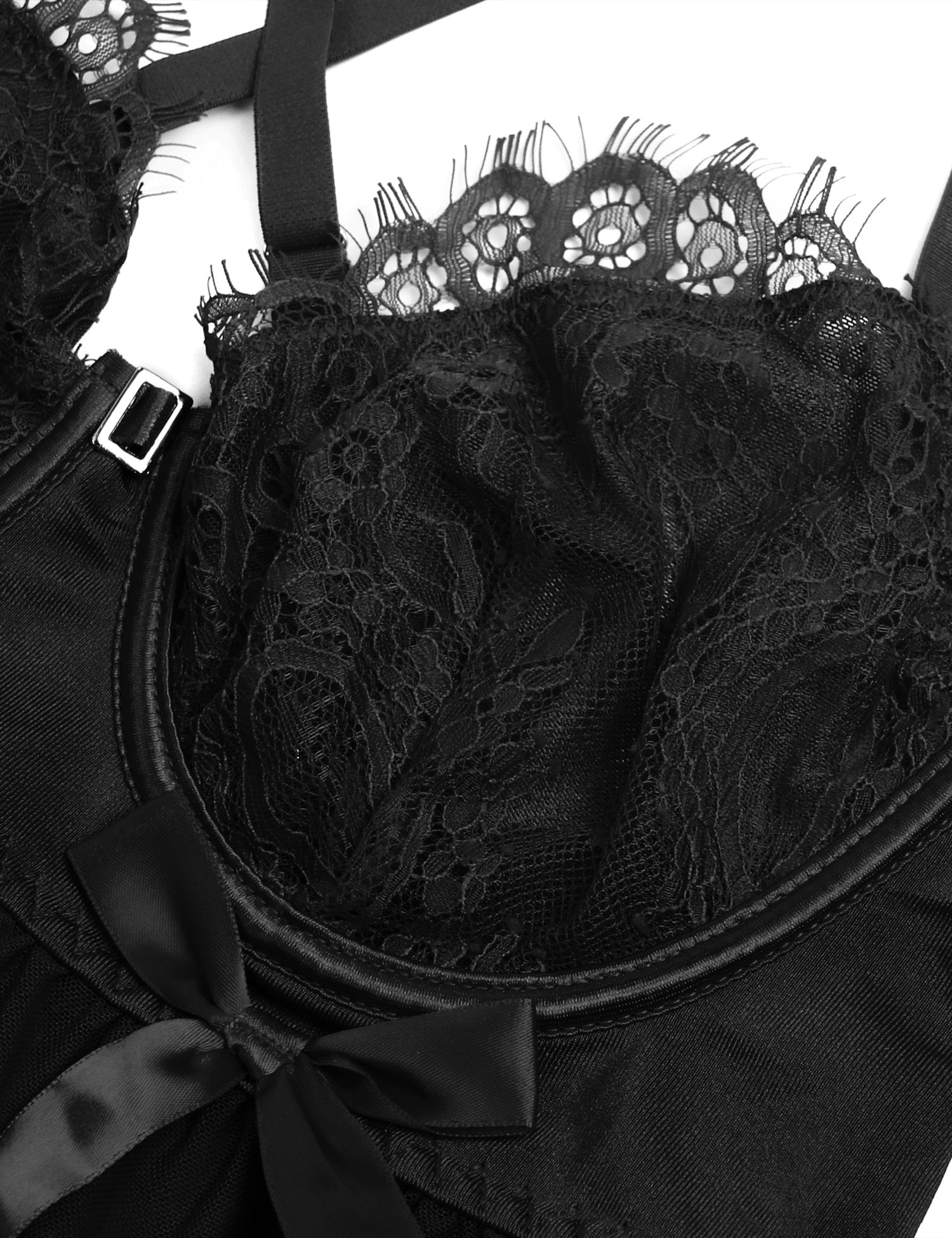 Black Sexy Eyelash Lace Mesh Cross Straps Push Up Nightdress