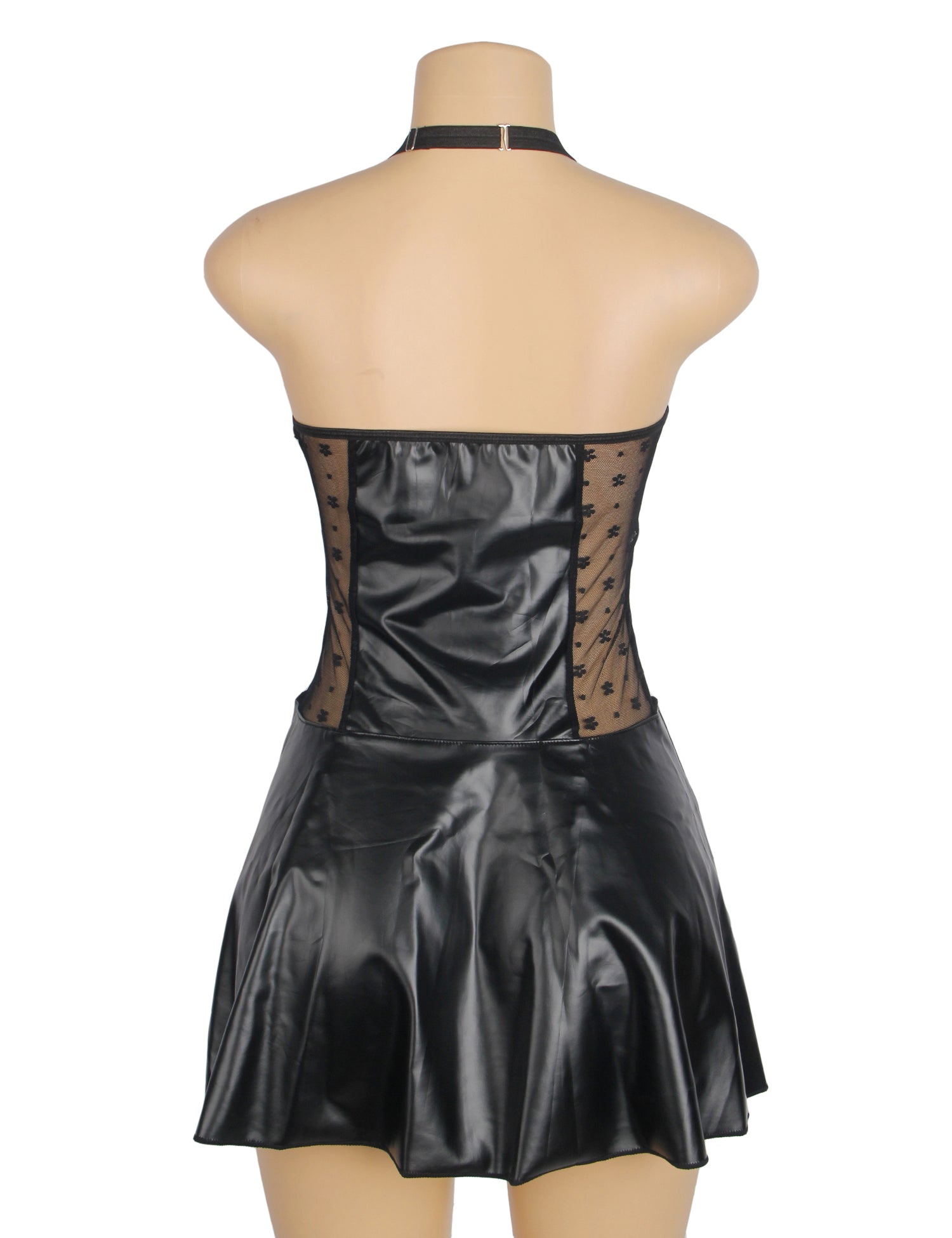Black PU Leather Lace Sexy Halter Lingerie With Garter Belt