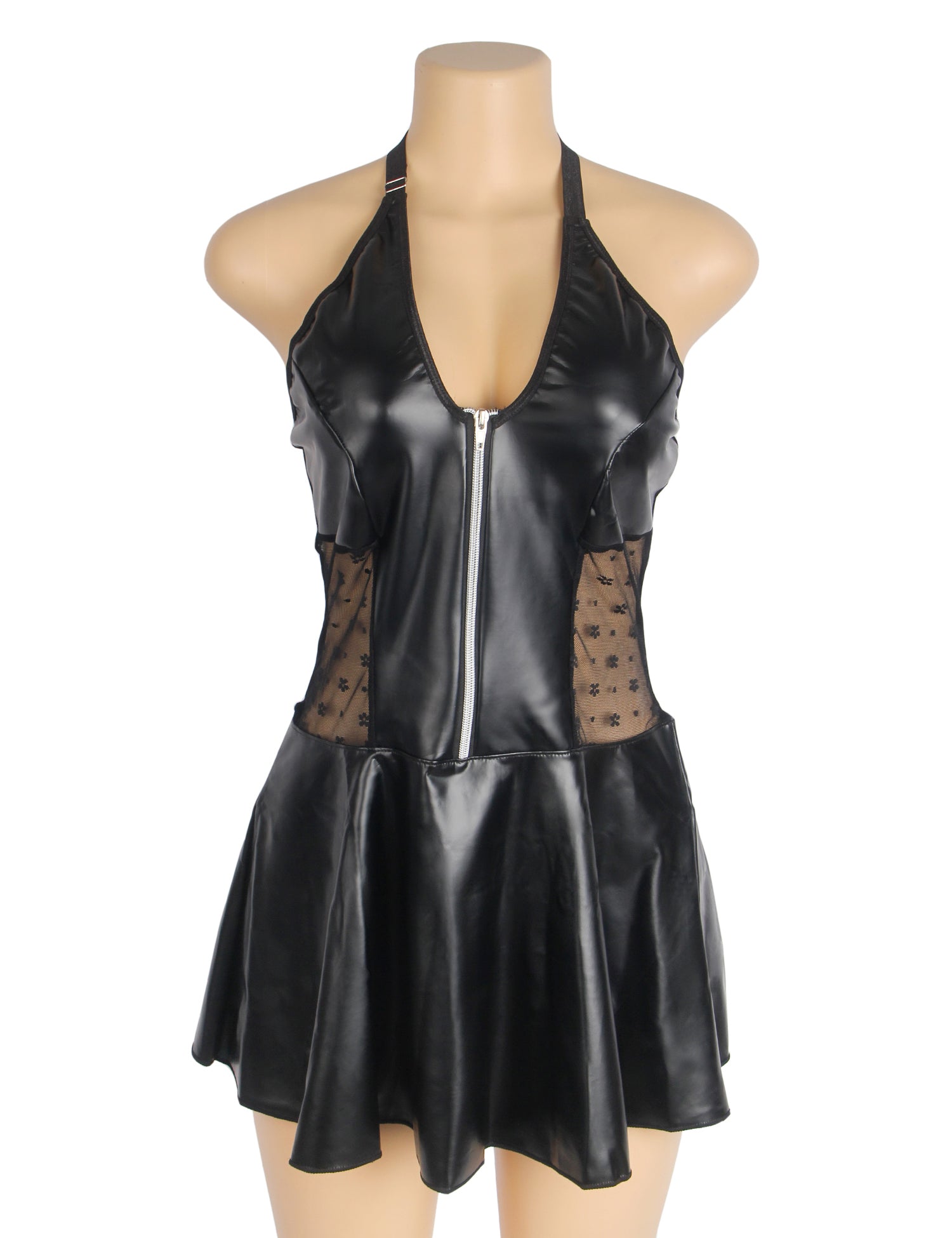 Black PU Leather Lace Sexy Halter Lingerie With Garter Belt