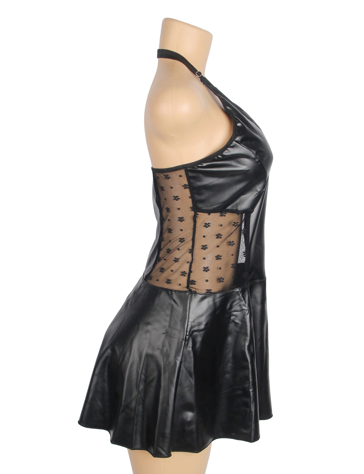 Black PU Leather Lace Sexy Halter Lingerie With Garter Belt