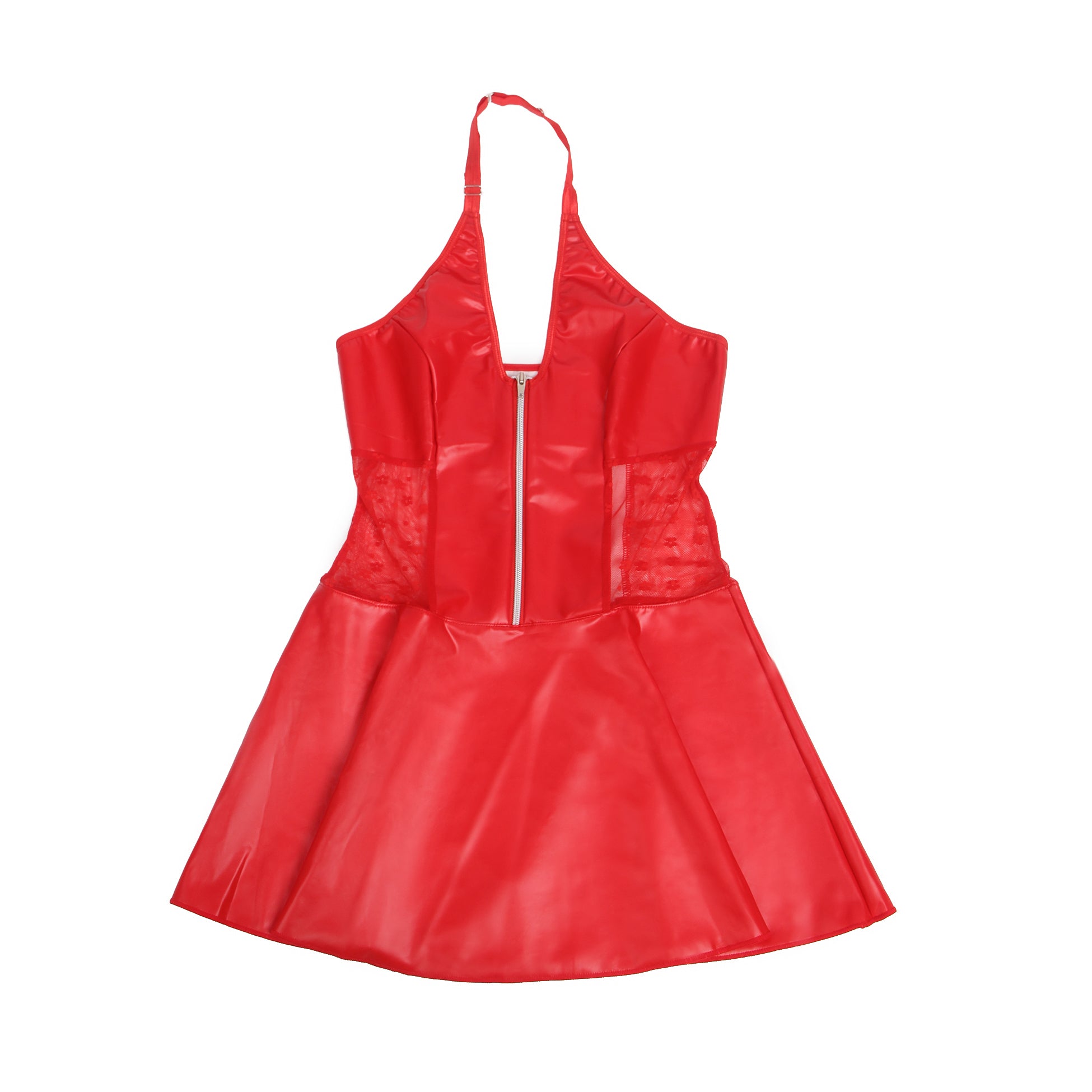 Red PU Leather Lace Sexy Halter Lingerie With Garter Belt