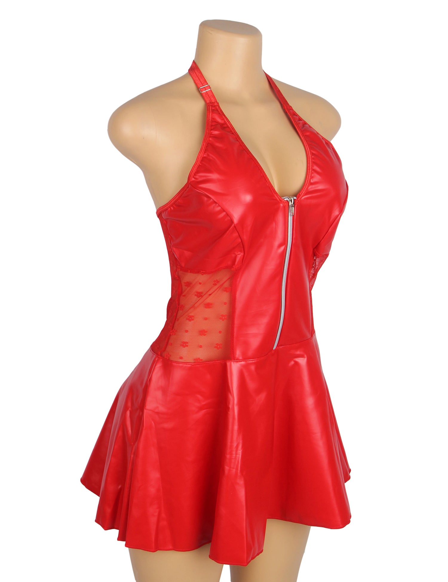 Red PU Leather Lace Sexy Halter Lingerie With Garter Belt
