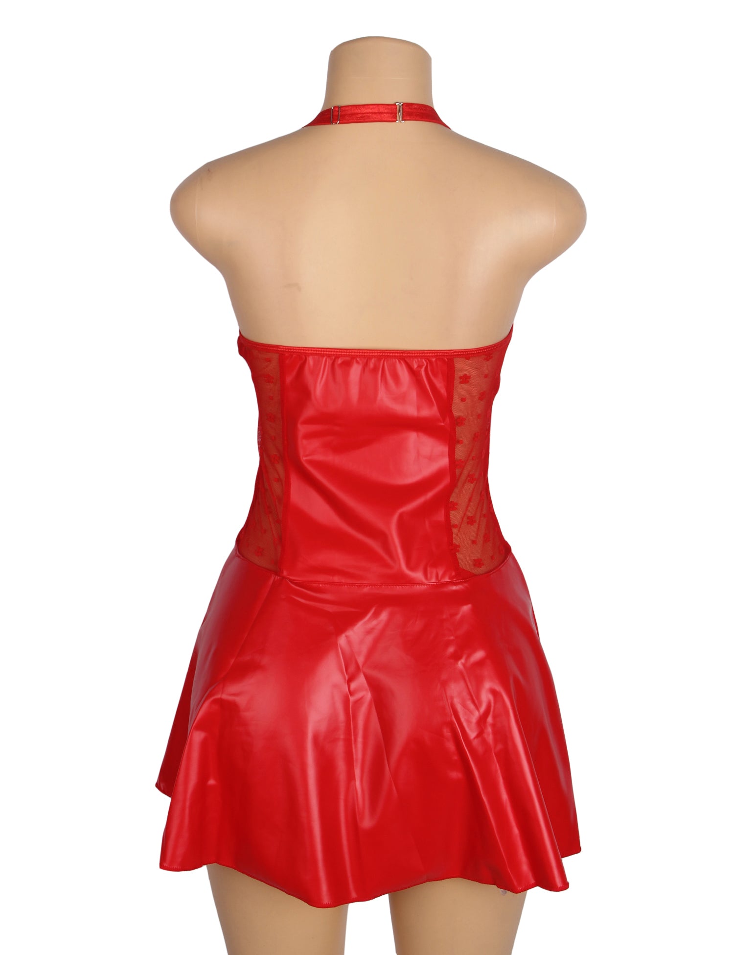 Red PU Leather Lace Sexy Halter Lingerie With Garter Belt
