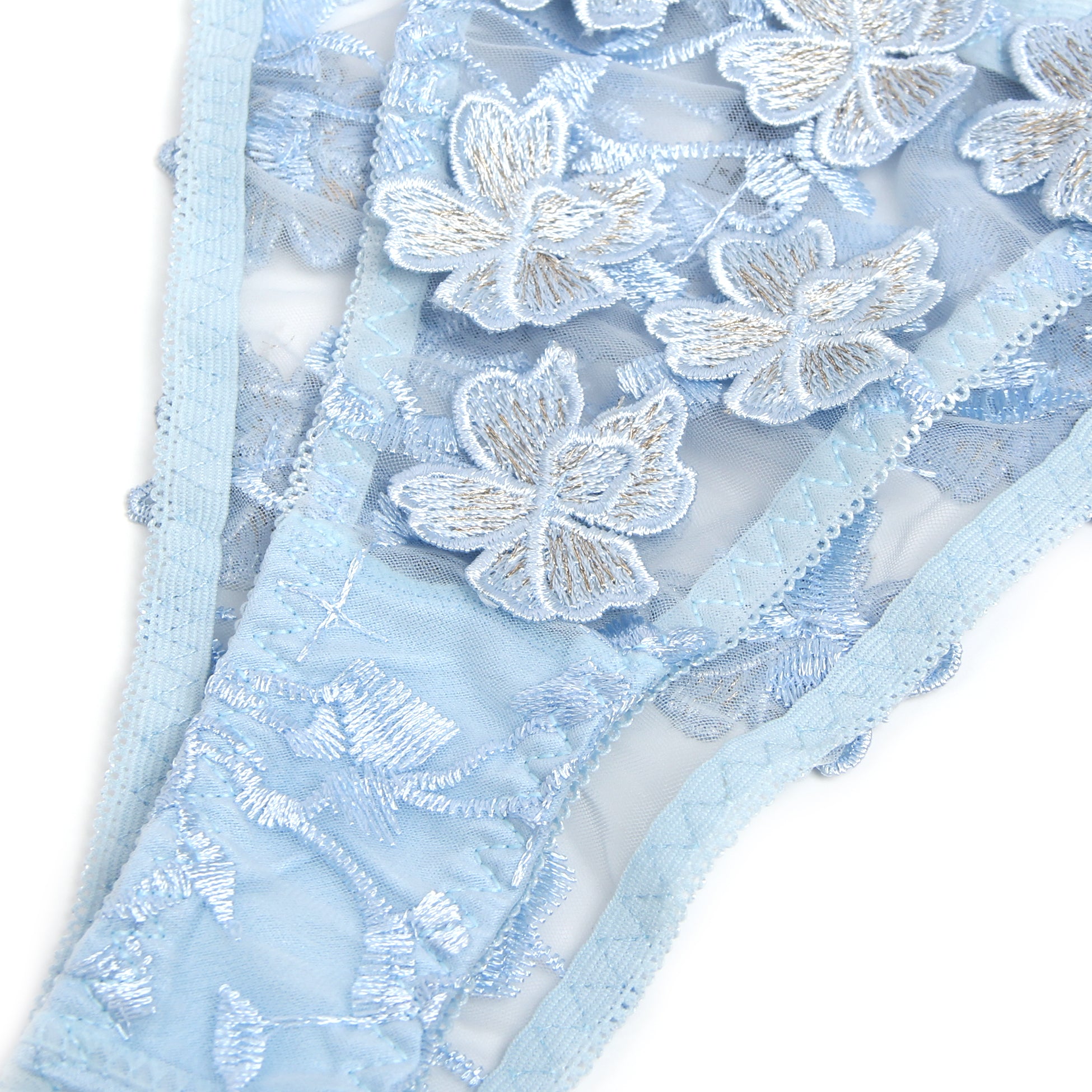 Blue Sexy Floral Mesh Embroidery Lace Bra Set