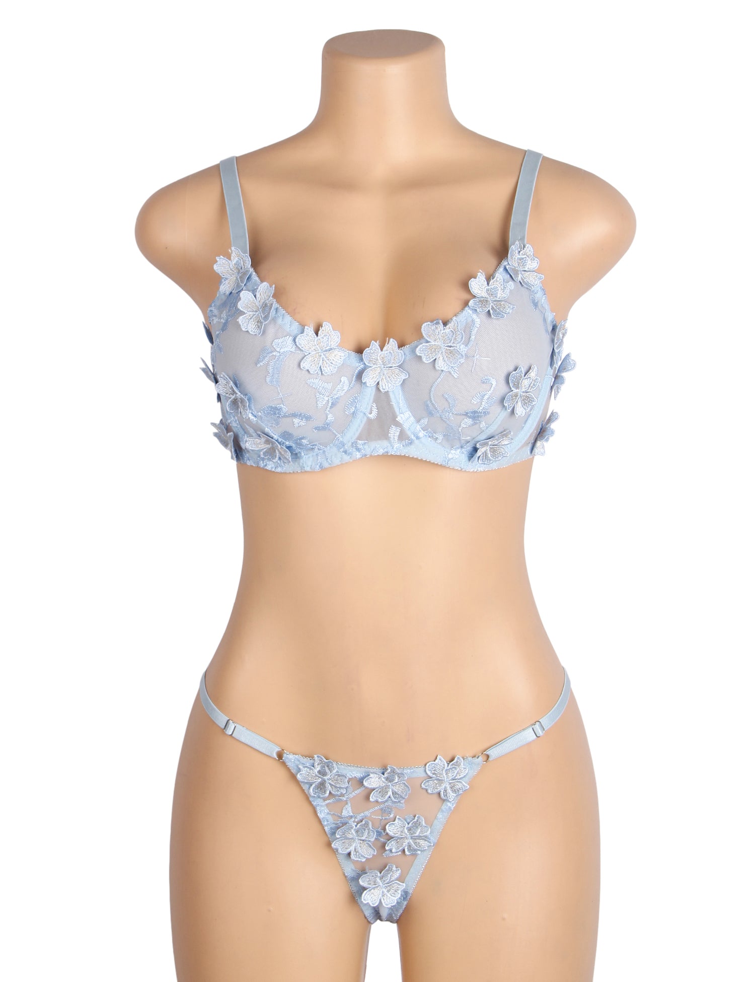 Blue Sexy Floral Mesh Embroidery Lace Bra Set